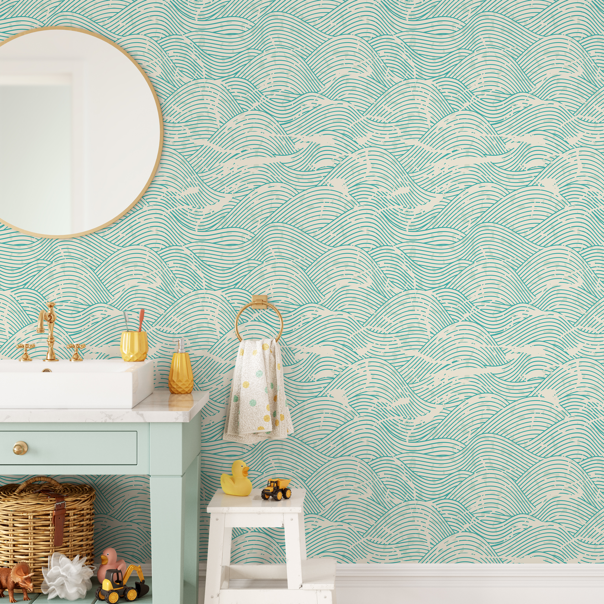 Coastal Wallpaper Featuring A Distressed Wave Motif In Teal And Beige - B935