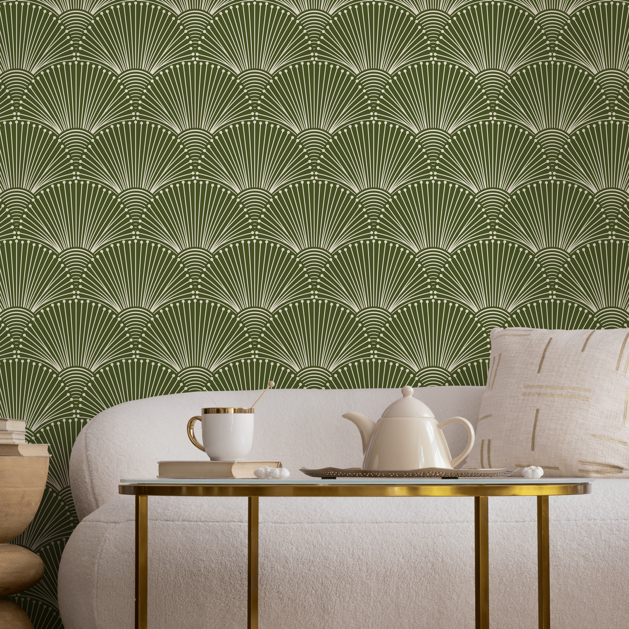 Art Deco Wallpaper With A Scalloped Fan Motif In Green And Cream - B936