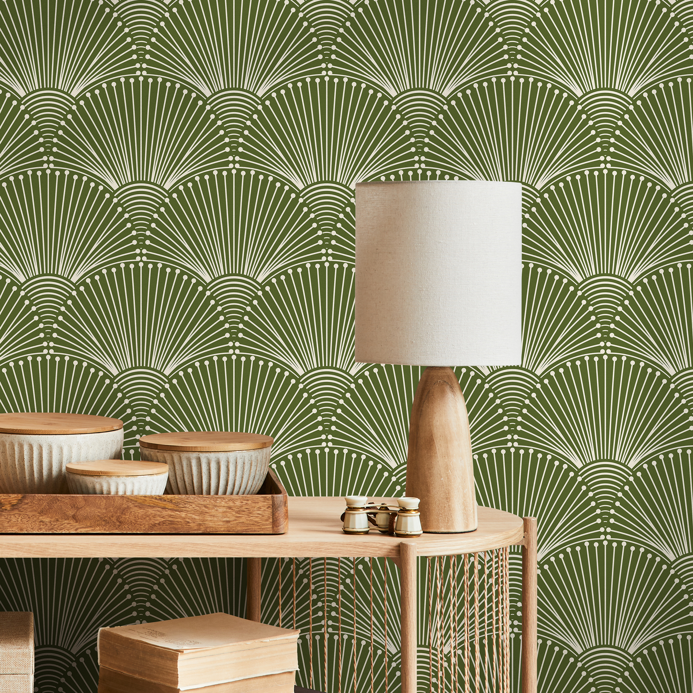 Art Deco Wallpaper With A Scalloped Fan Motif In Green And Cream - B936