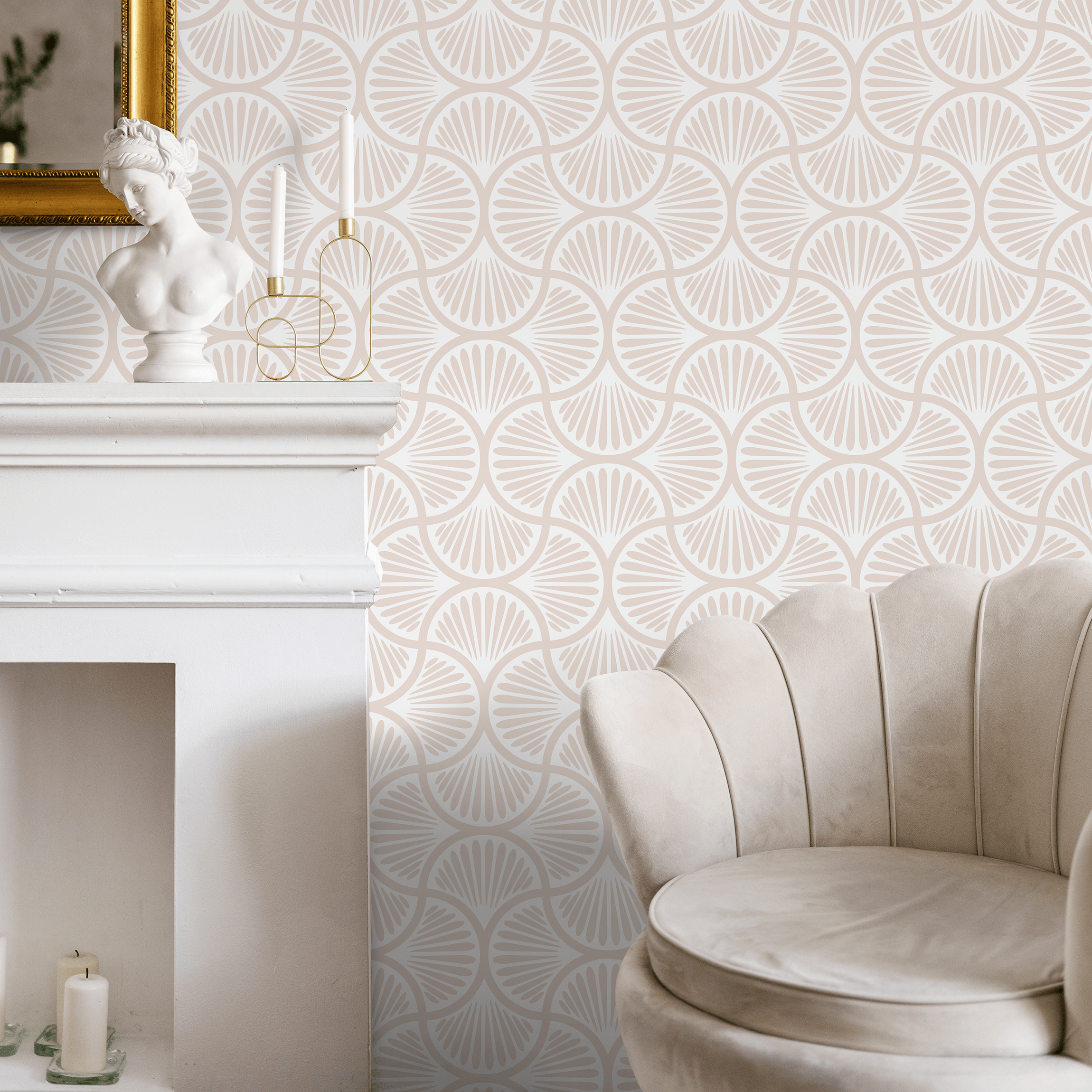 Art Deco Wallpaper With A Scalloped Fan Motif In Beige - B939
