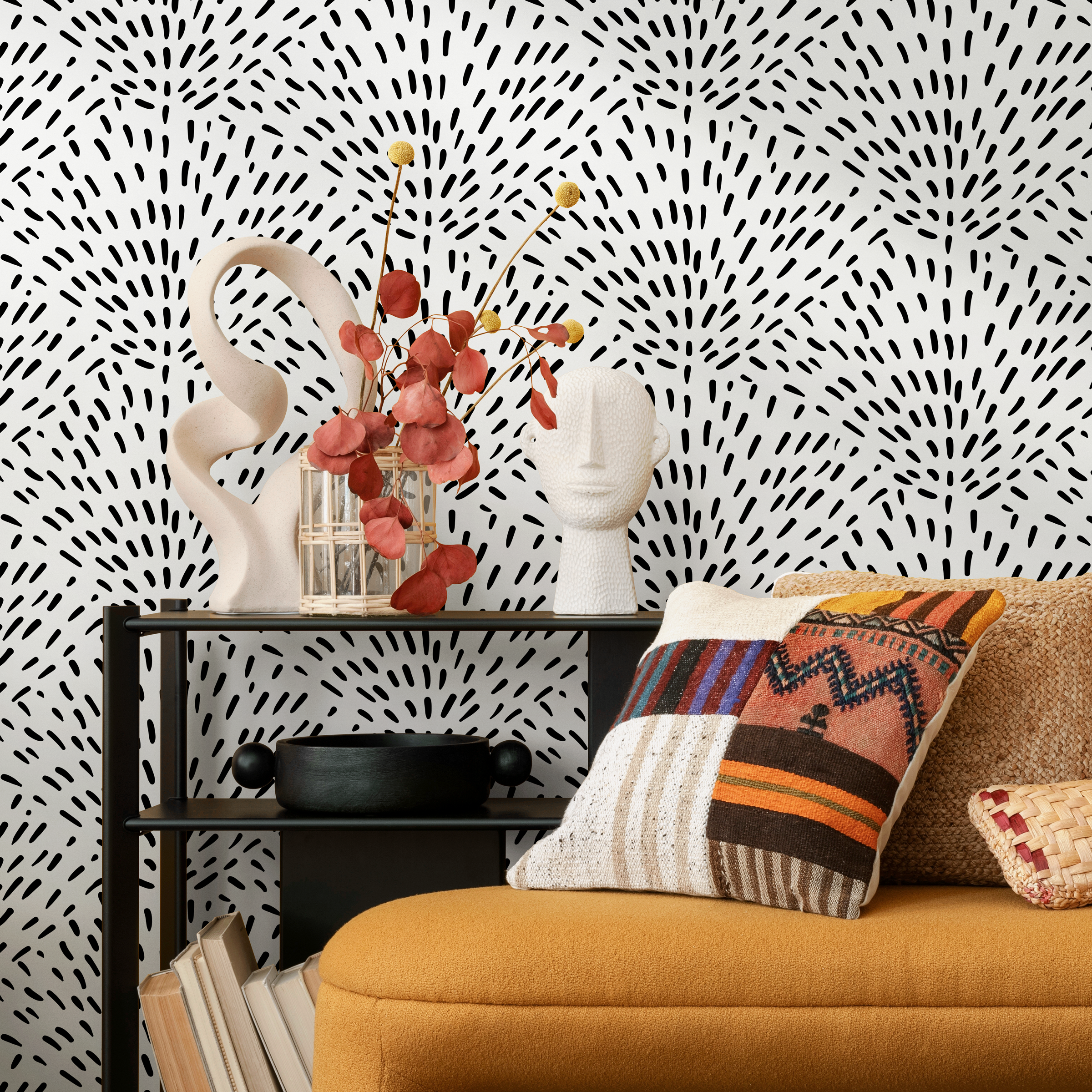 Abstract Wallpaper With A Fan Burst Motif In Black And White - B940