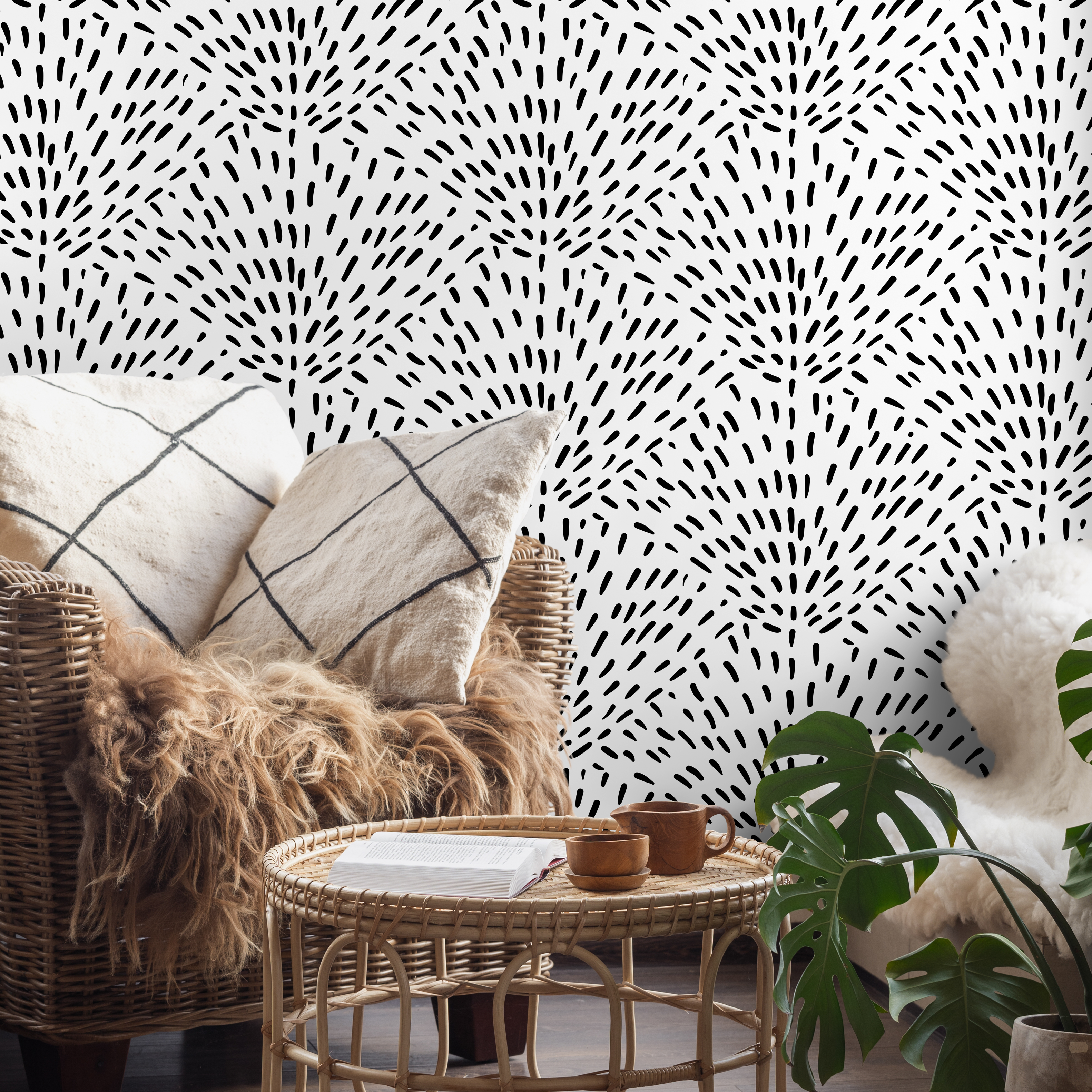 Abstract Wallpaper With A Fan Burst Motif In Black And White - B940