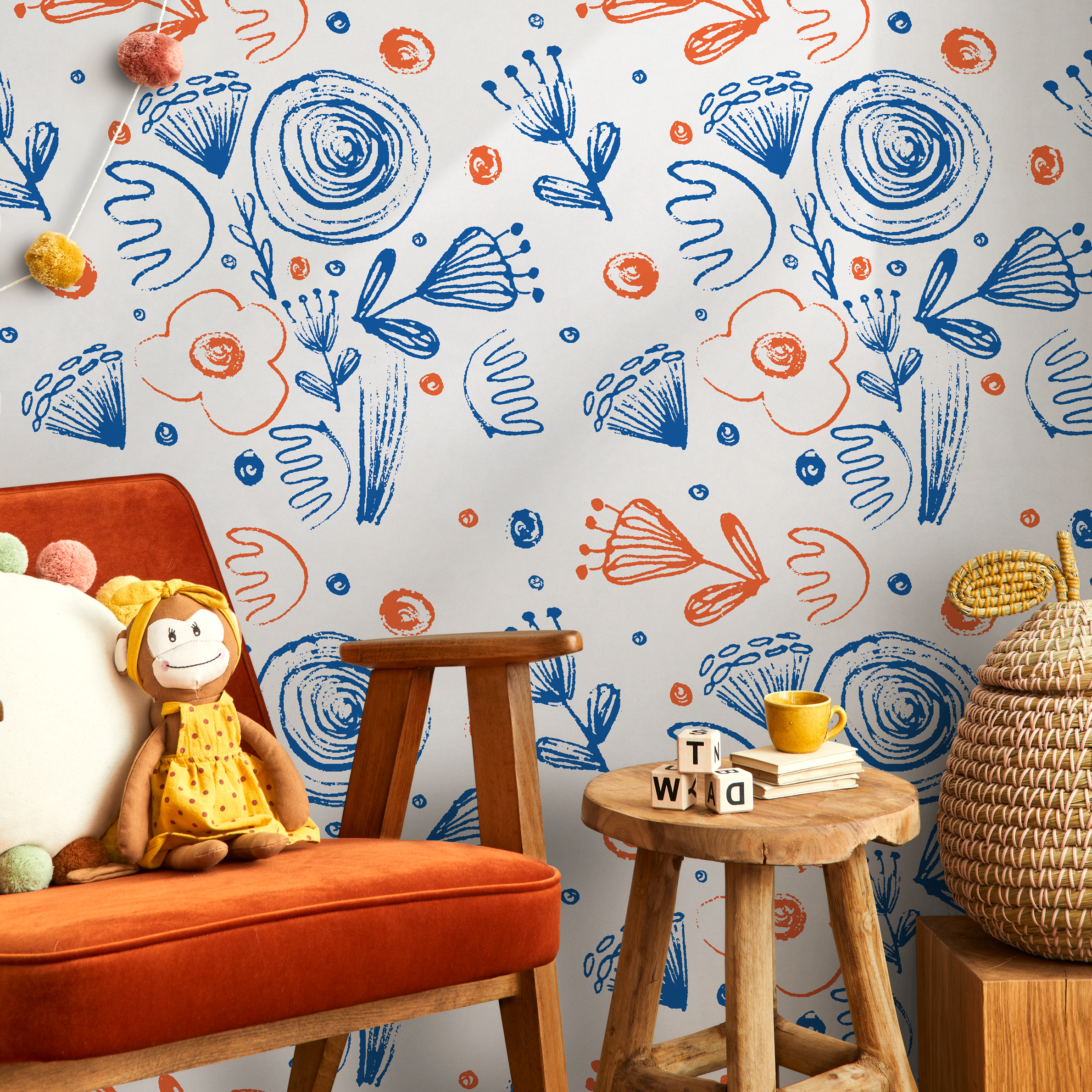 Abstract Floral Wallpaper With Sketchy Botanical Motifs In Blue And Orange - B943