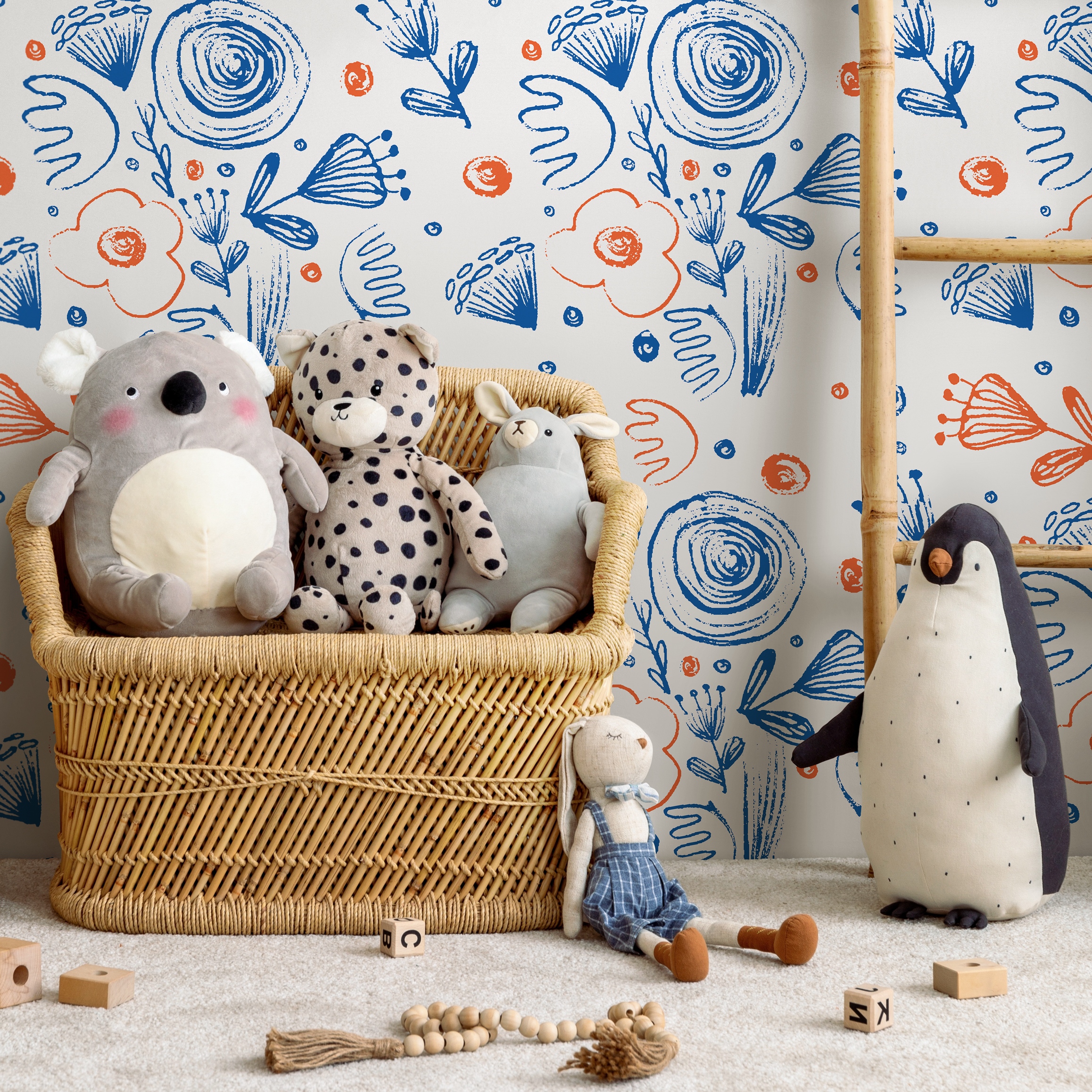 Abstract Floral Wallpaper With Sketchy Botanical Motifs In Blue And Orange - B943