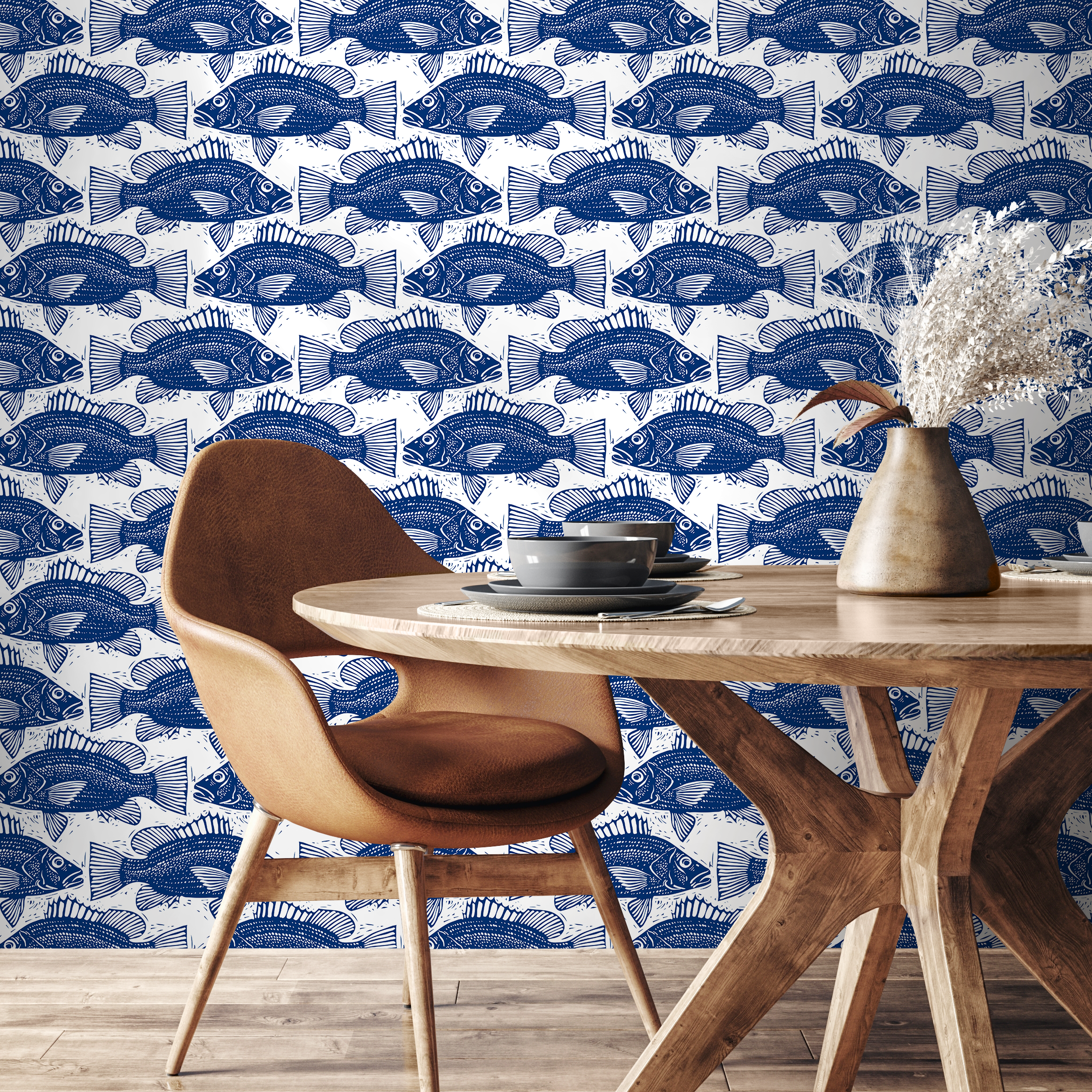 Nautical Wallpaper With A Block Print Fish Motif In Blue - B944