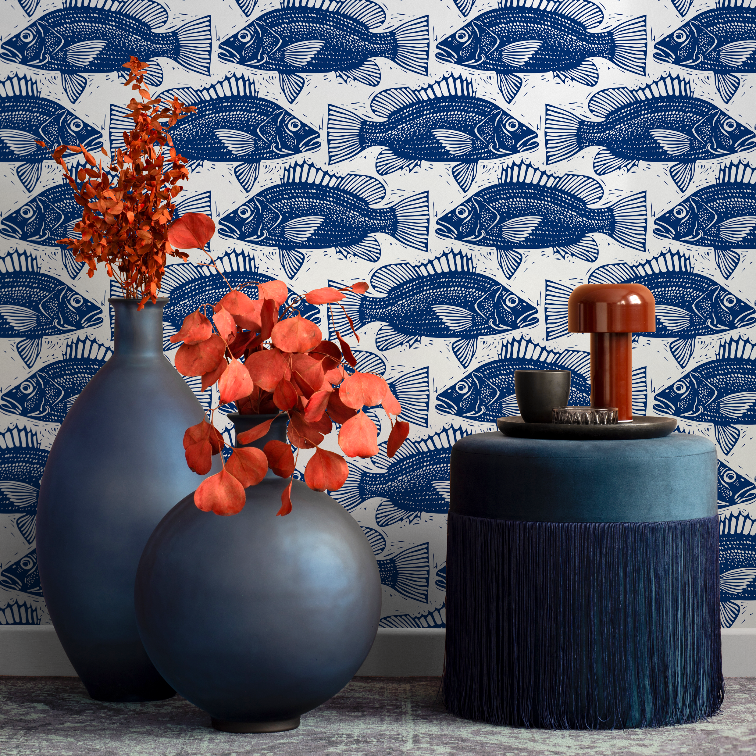 Nautical Wallpaper With A Block Print Fish Motif In Blue - B944