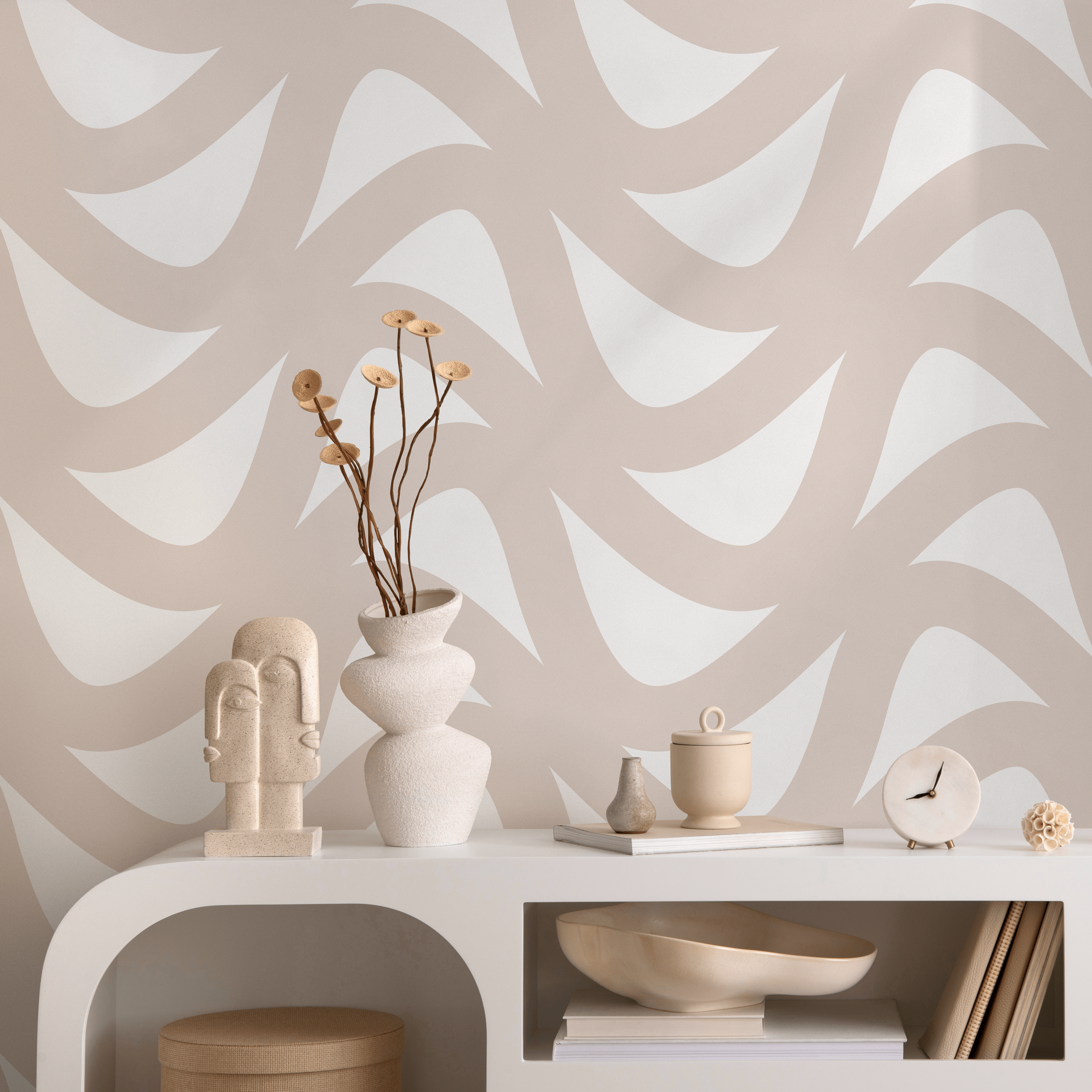 Abstract Wallpaper With A Flowing Wave Motif In Beige And Cream - B945