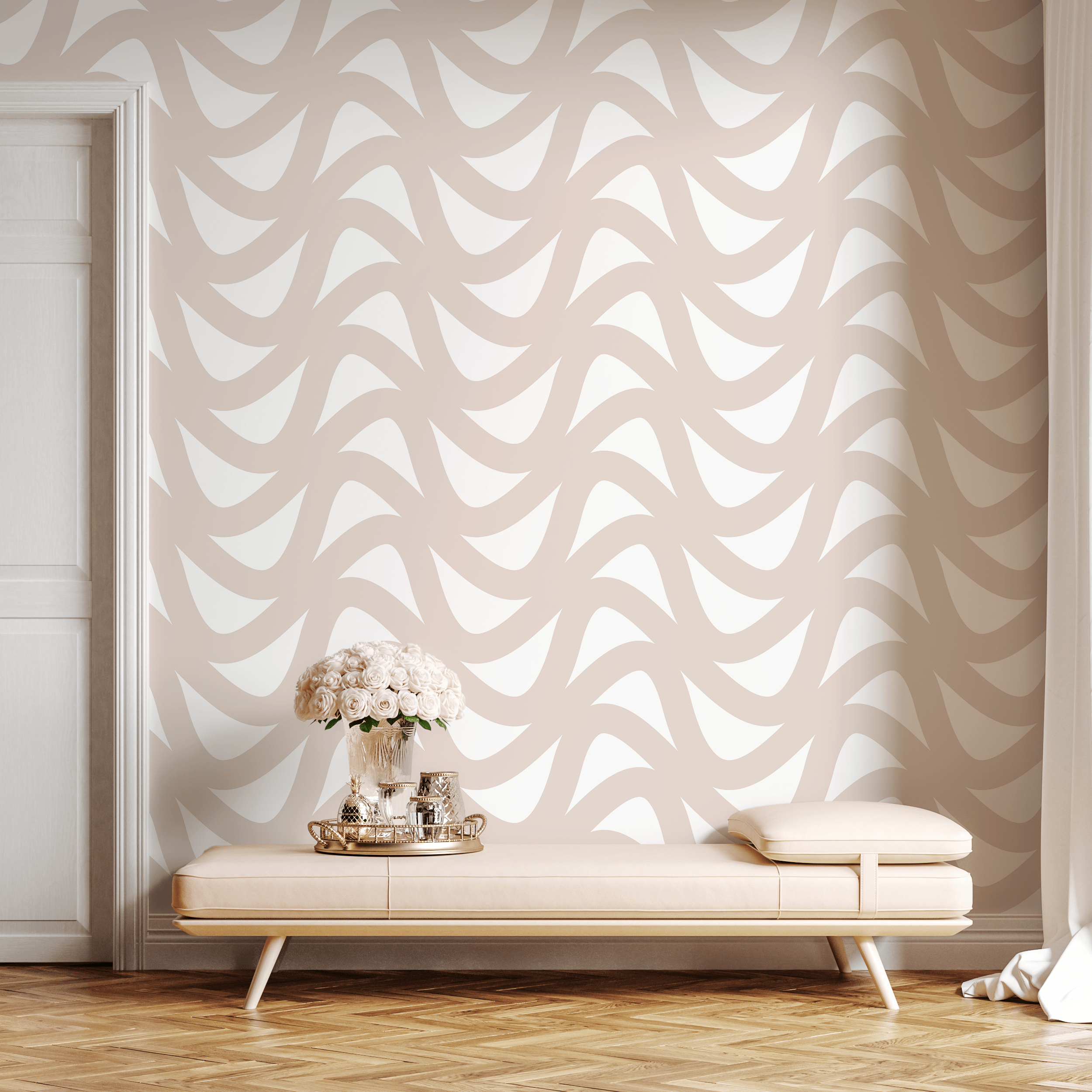Abstract Wallpaper With A Flowing Wave Motif In Beige And Cream - B945