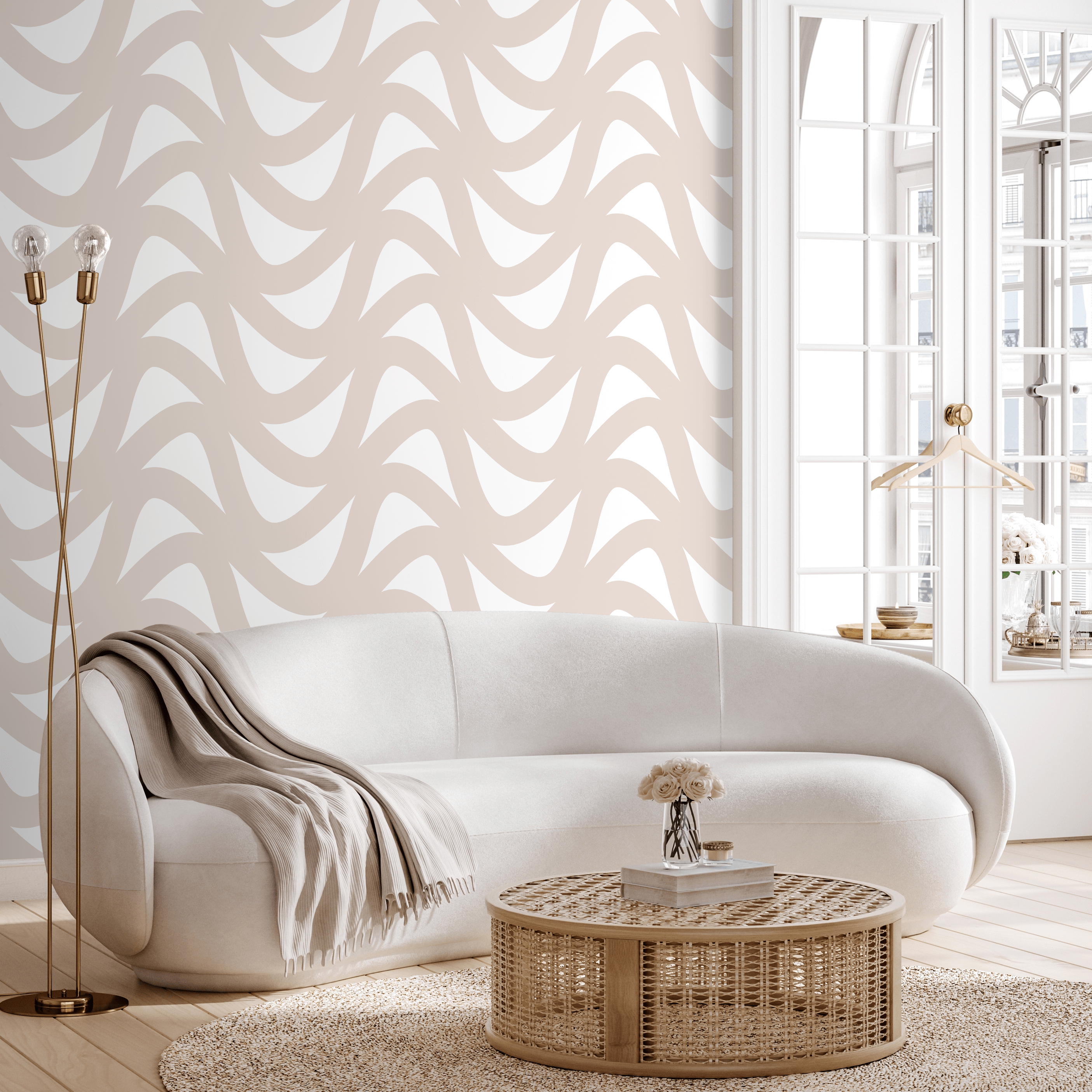 Abstract Wallpaper With A Flowing Wave Motif In Beige And Cream - B945