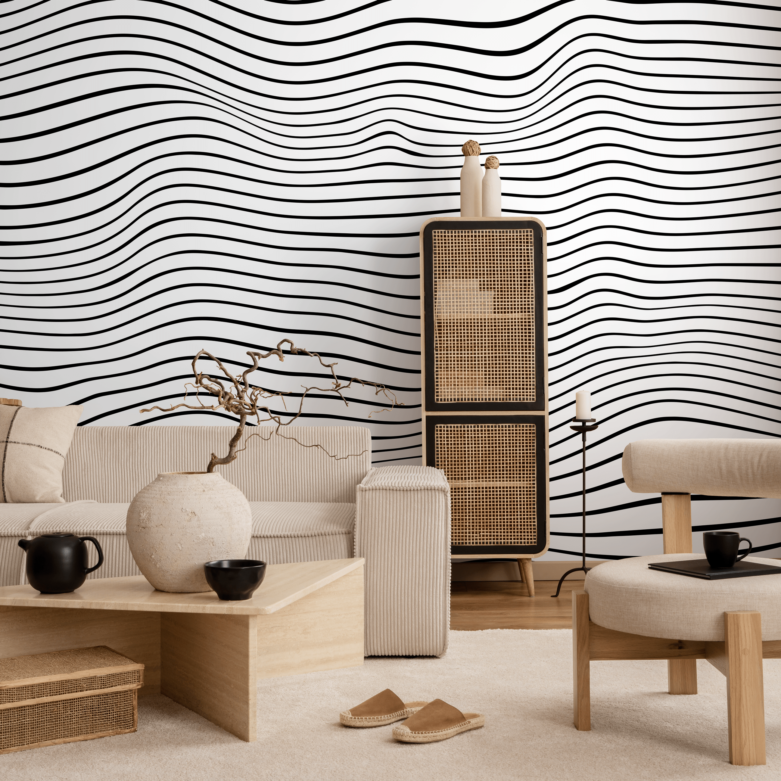 Abstract Wallpaper With 3d Wavy Lines In Black And White - B948