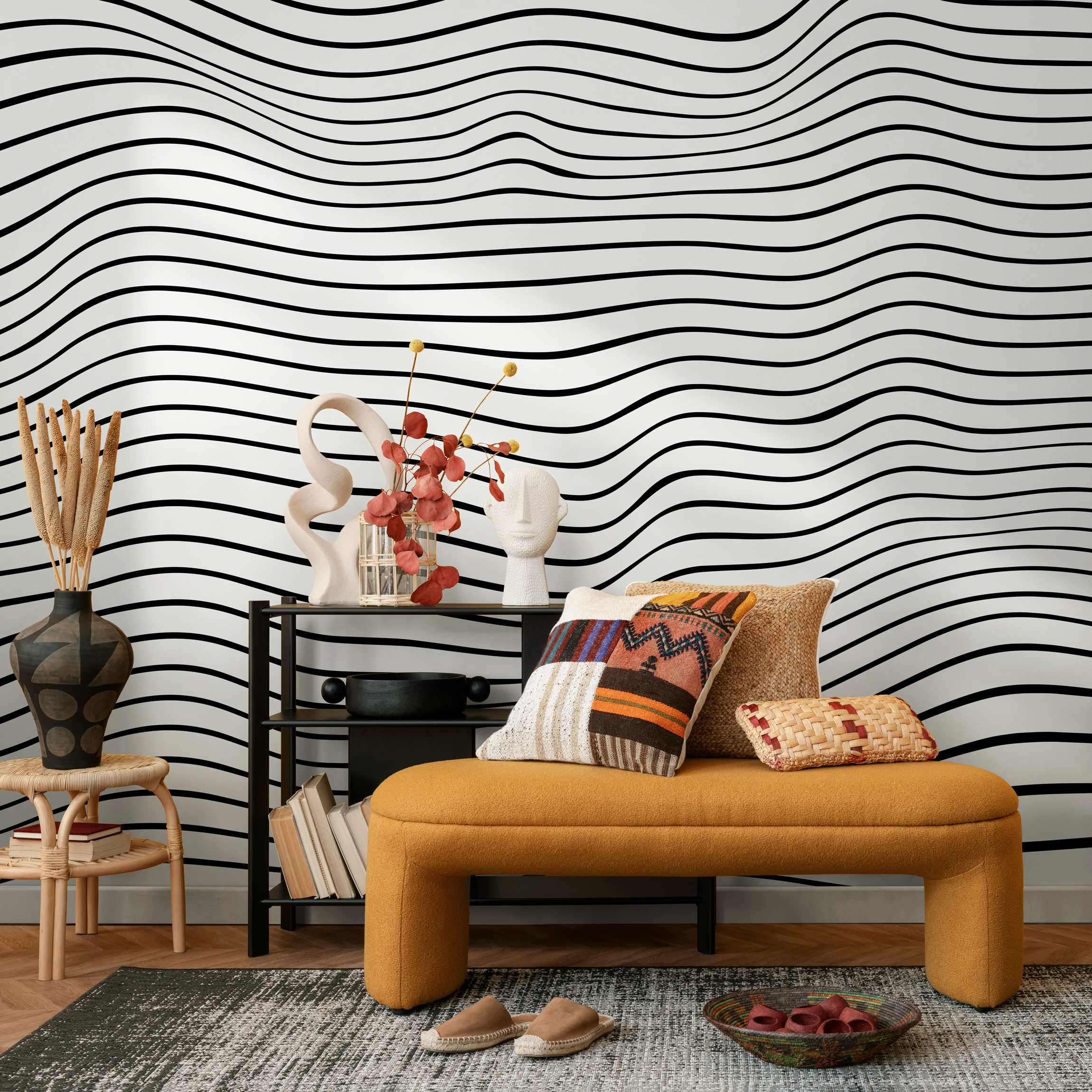 Abstract Wallpaper With 3d Wavy Lines In Black And White - B948
