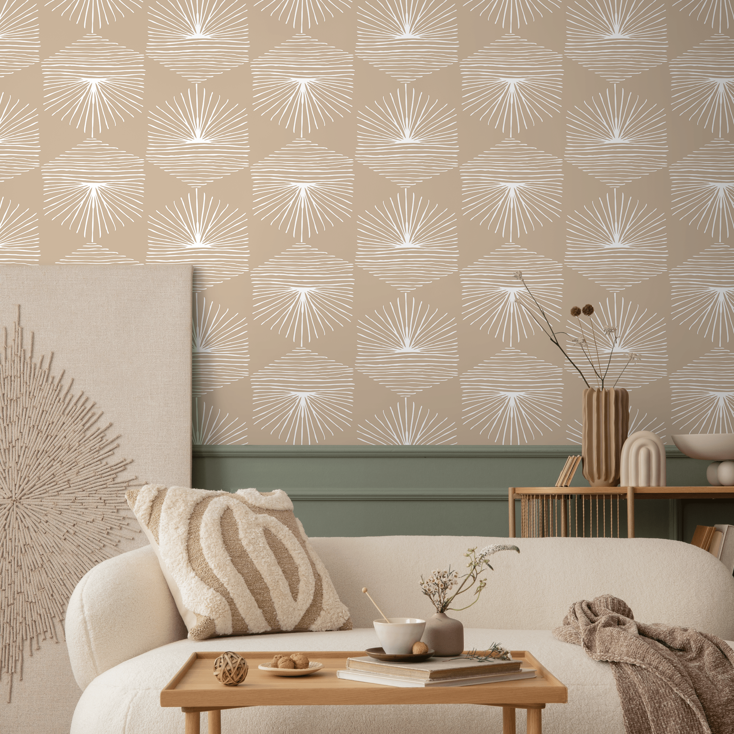 Geometric Wallpaper With A Sunburst Motif In Beige And White - B949