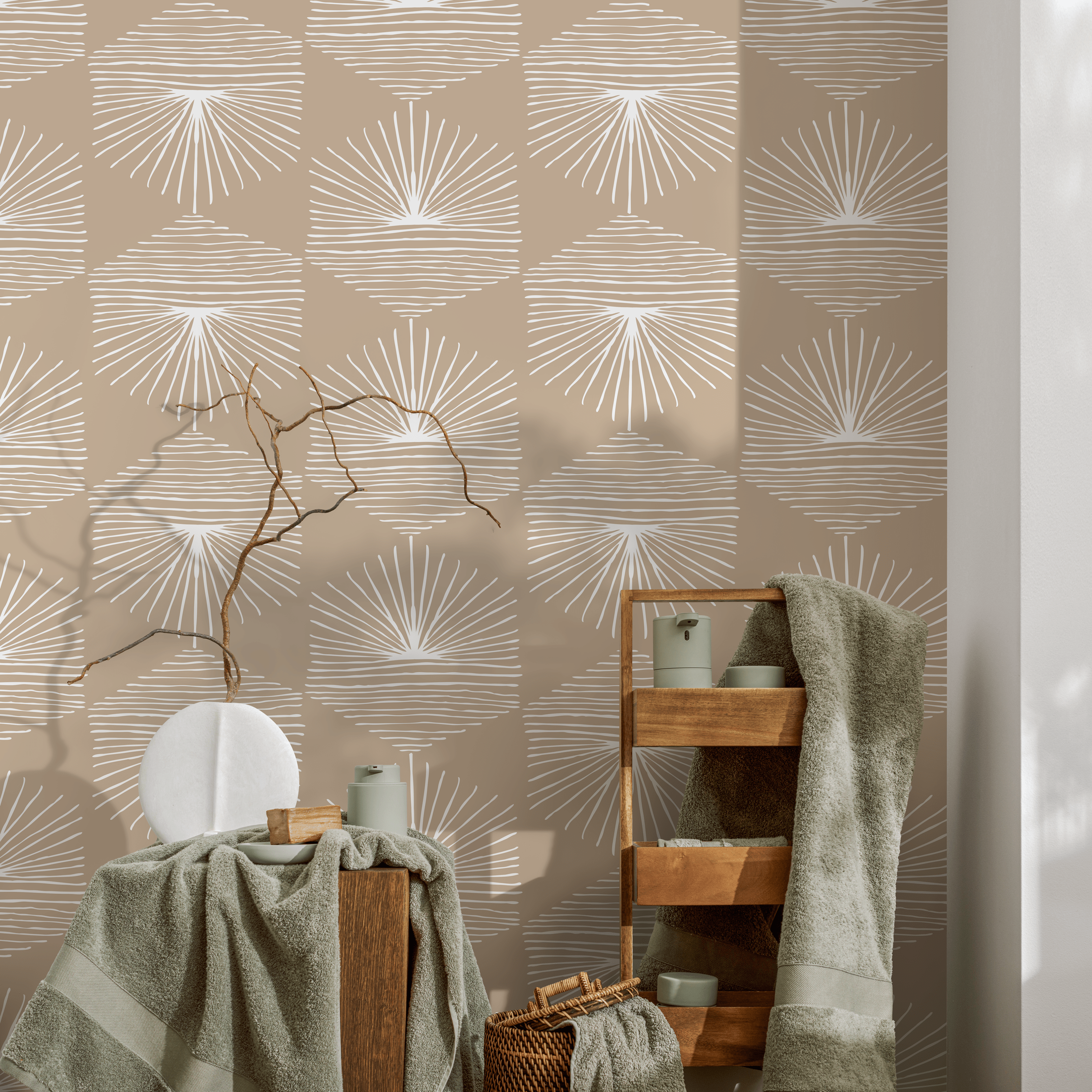 Geometric Wallpaper With A Sunburst Motif In Beige And White - B949