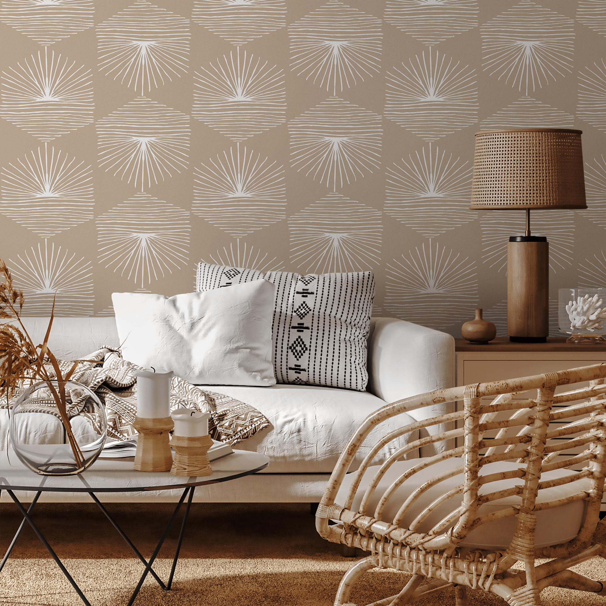 Geometric Wallpaper With A Sunburst Motif In Beige And White - B949