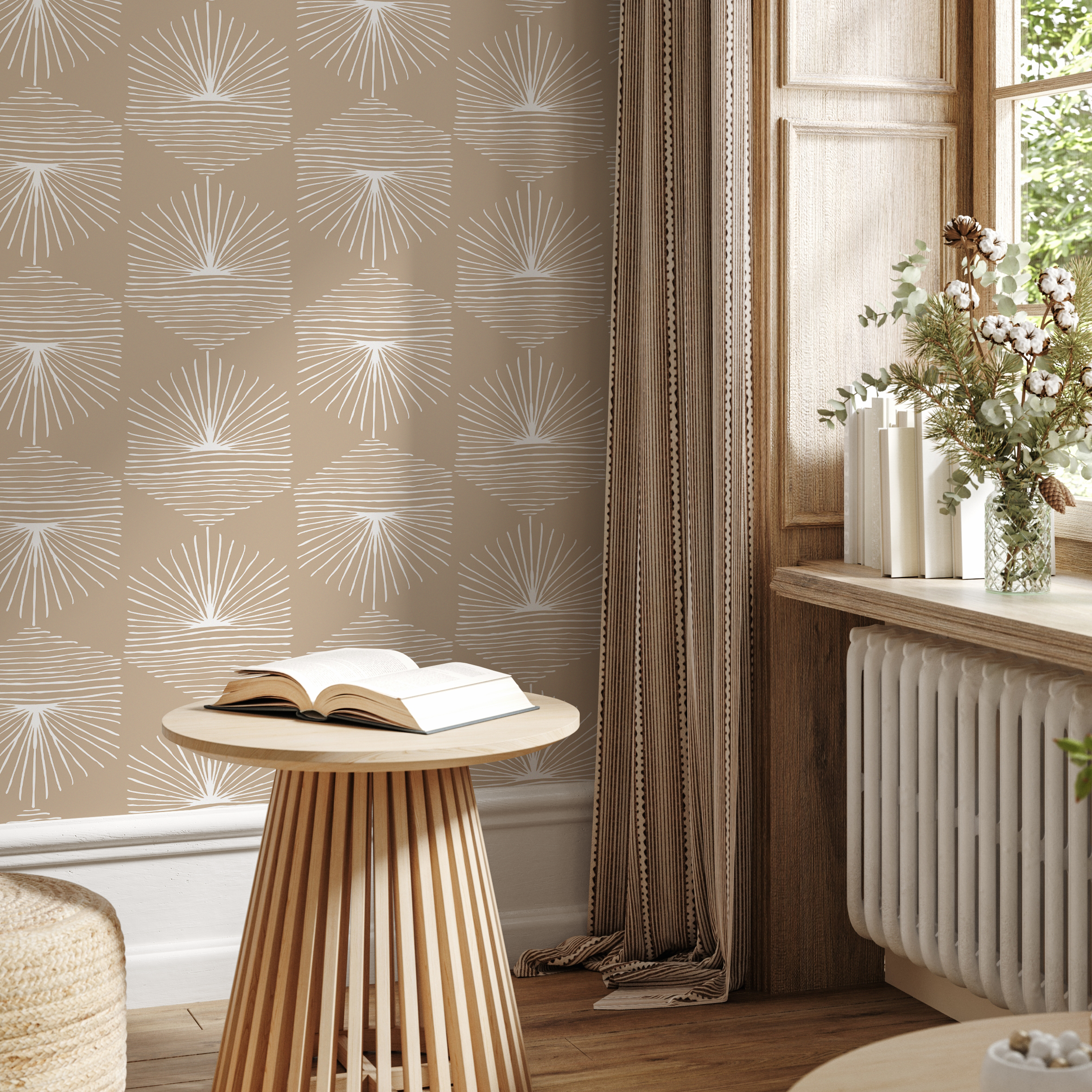 Geometric Wallpaper With A Sunburst Motif In Beige And White - B949