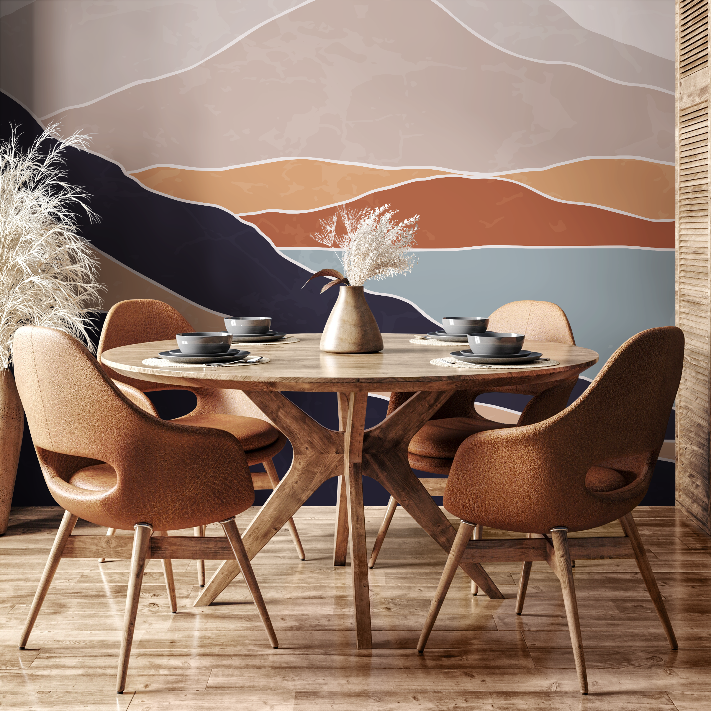 Abstract Wallpaper With A Minimal Landscape In Terracotta, Navy, And Beige - B950