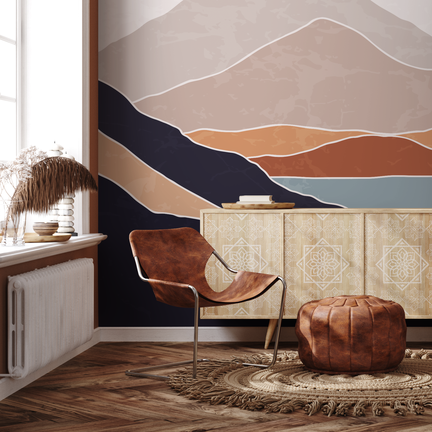 Abstract Wallpaper With A Minimal Landscape In Terracotta, Navy, And Beige - B950