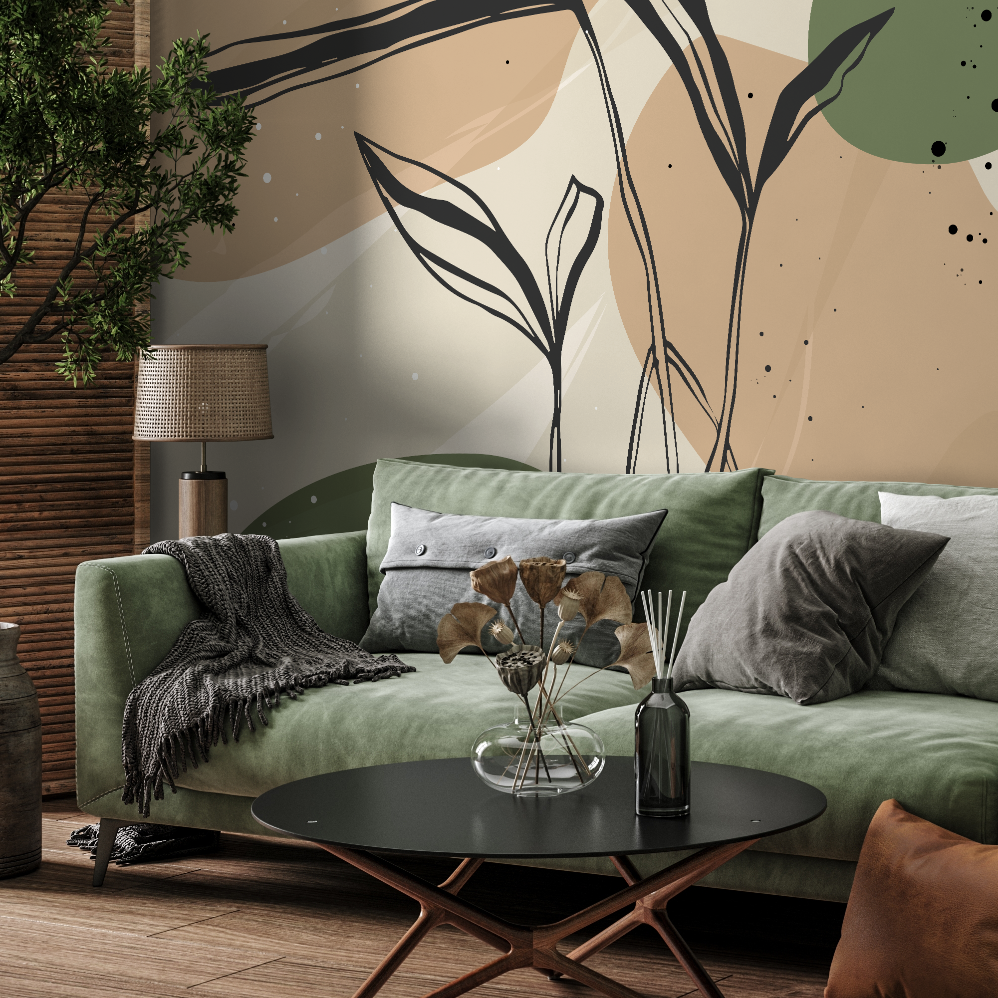 Abstract Wallpaper With Botanical Line Art In Green, Brown, And Black - B955