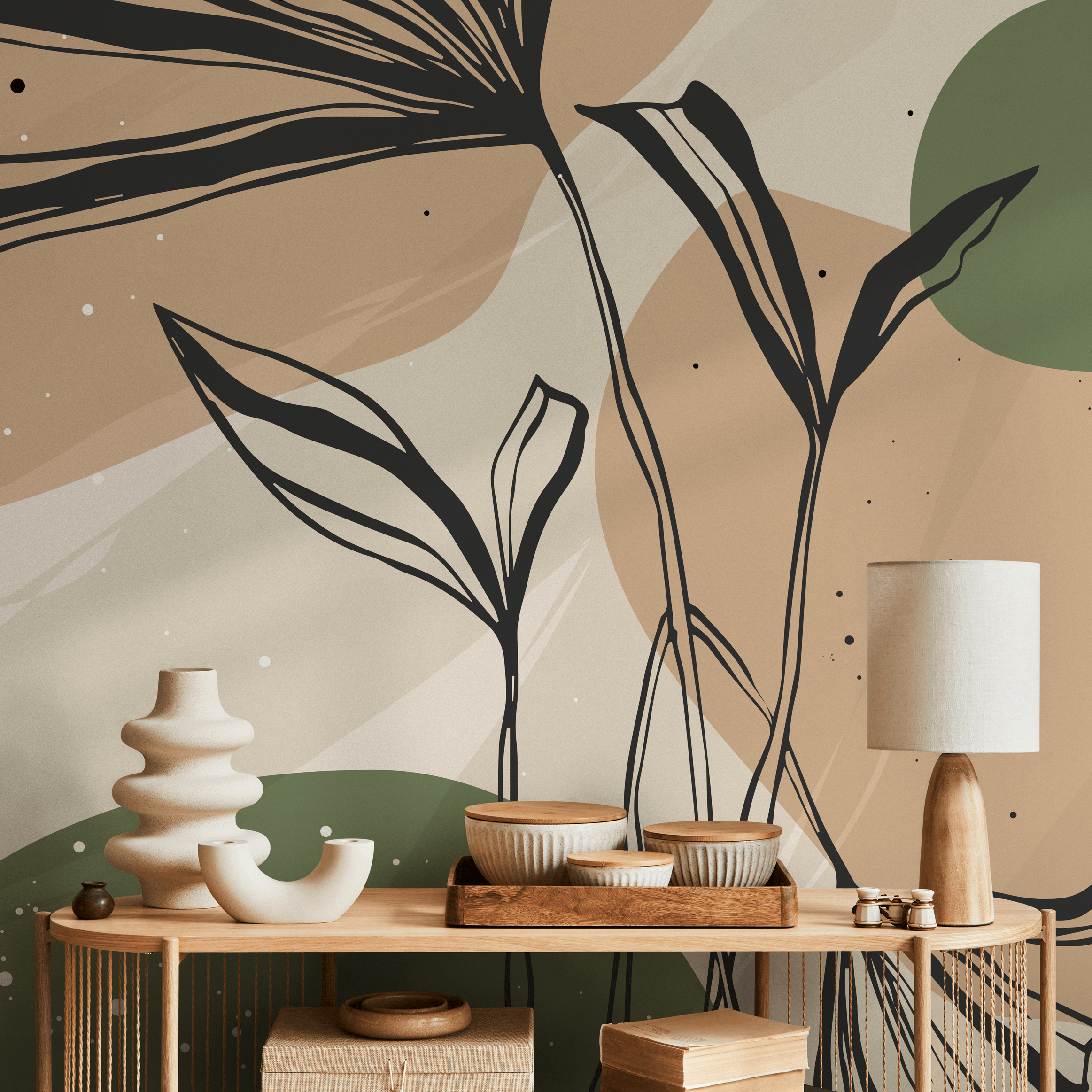 Abstract Wallpaper With Botanical Line Art In Green, Brown, And Black - B955