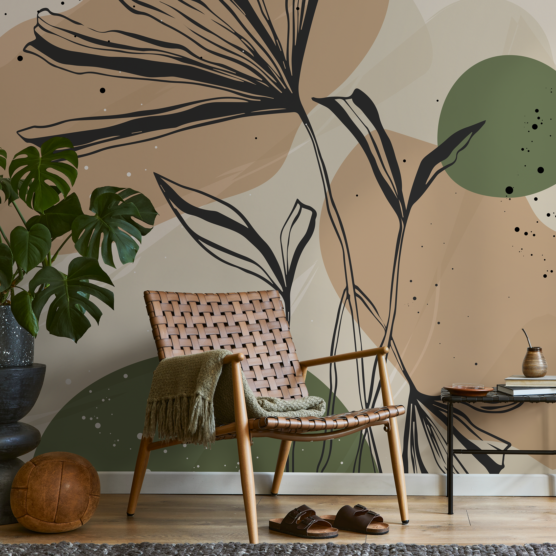 Abstract Wallpaper With Botanical Line Art In Green, Brown, And Black - B955