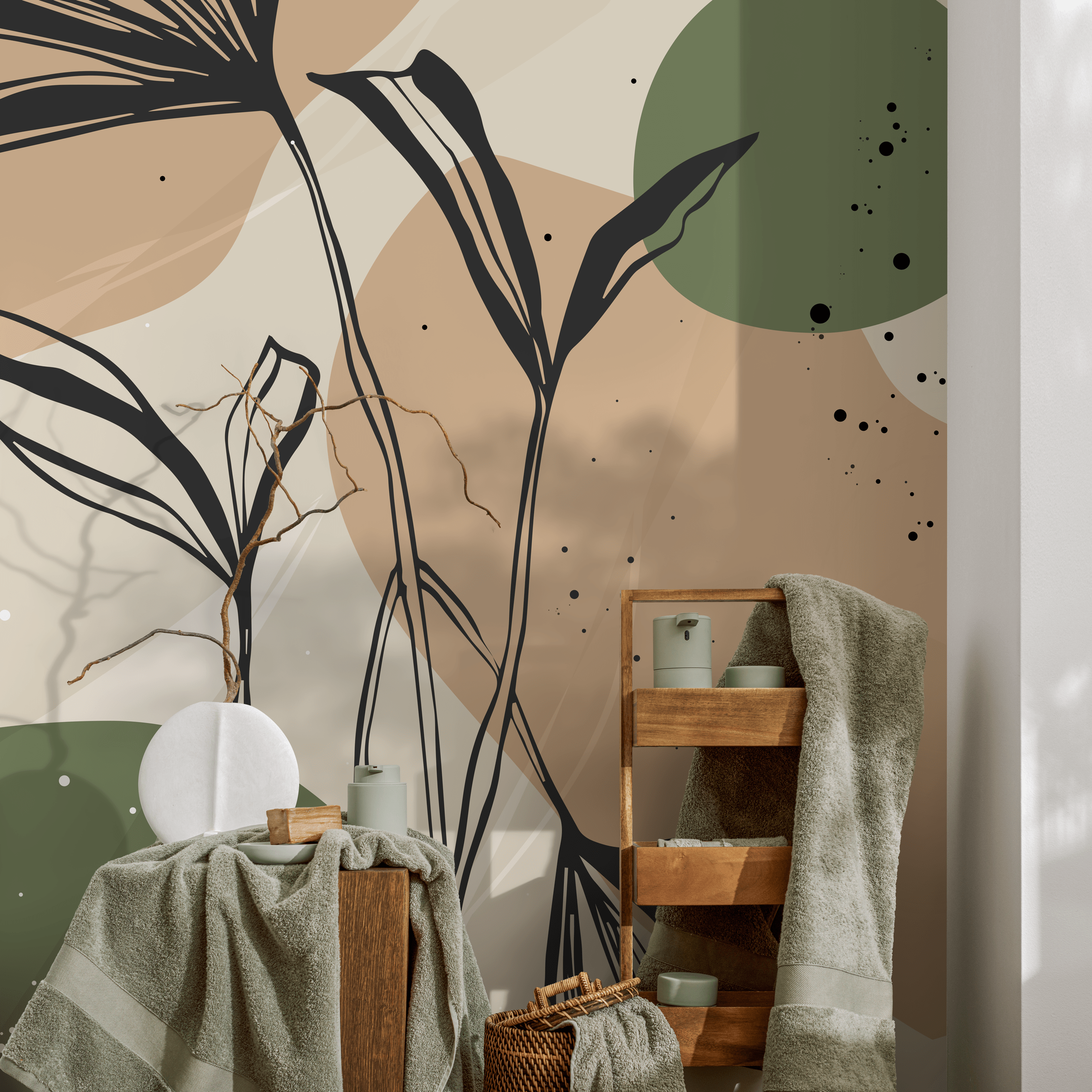 Abstract Wallpaper With Botanical Line Art In Green, Brown, And Black - B955
