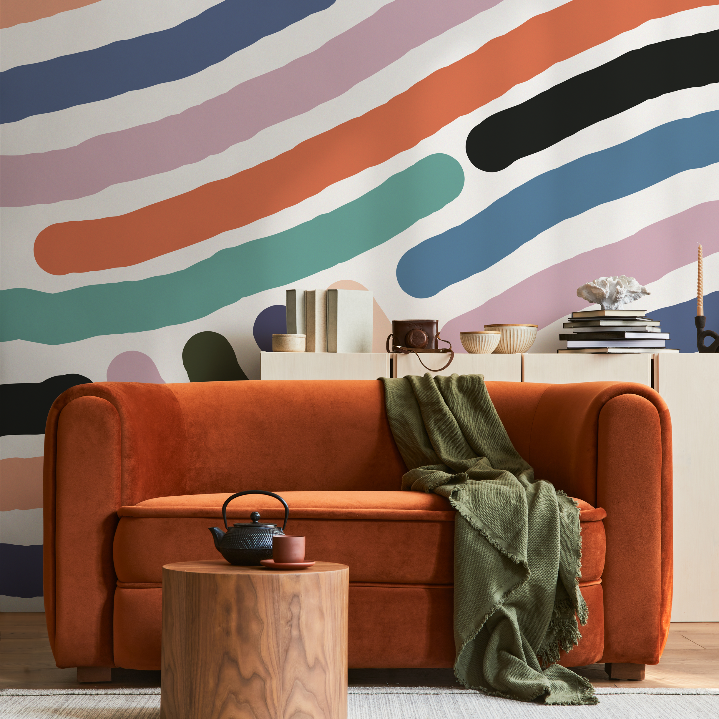 Abstract Wallpaper With Bold Brush Stroke Lines In Orange, Blue, And Teal - B956