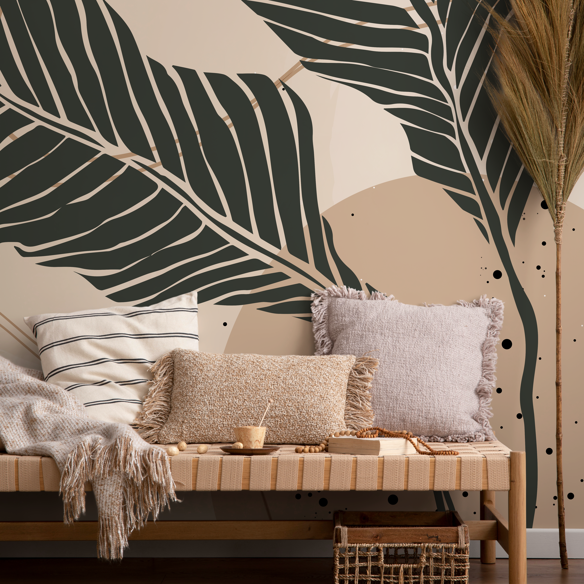 Botanical Wallpaper With Large Stylized Leaves In Charcoal, Beige, And Grey - B958