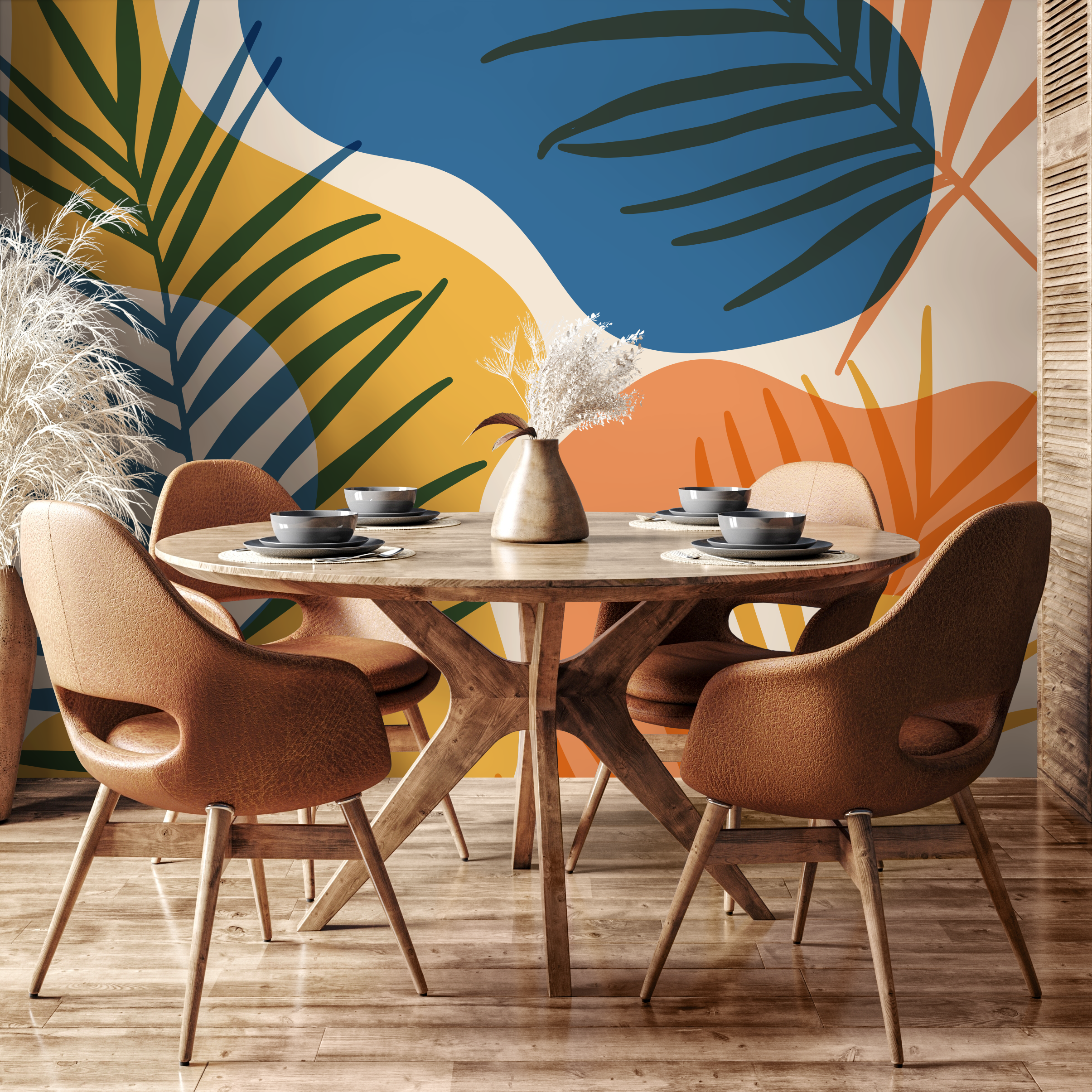 Tropical Wallpaper With Abstract Botanical Shapes In Blue, Yellow, And Orange - B959