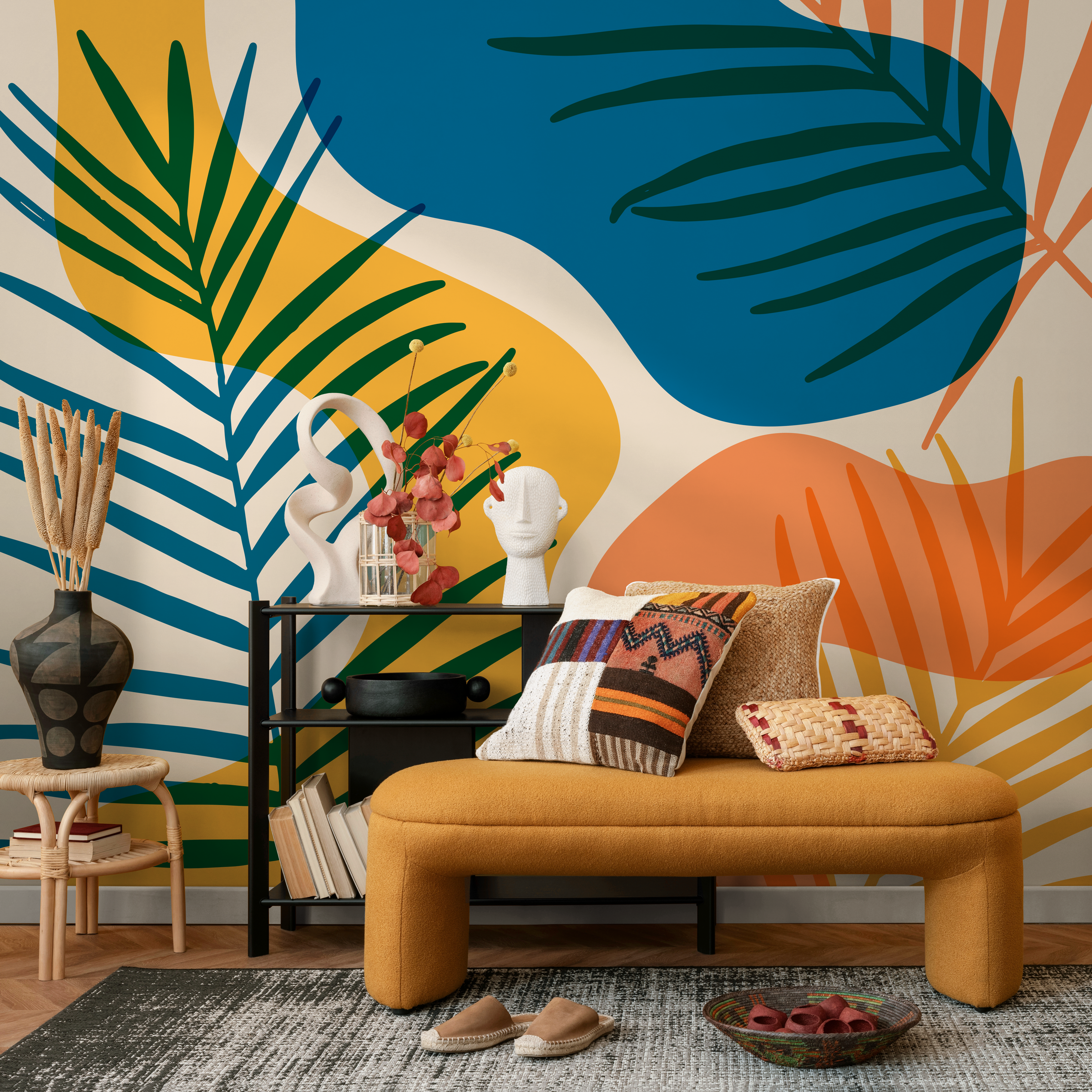 Tropical Wallpaper With Abstract Botanical Shapes In Blue, Yellow, And Orange - B959