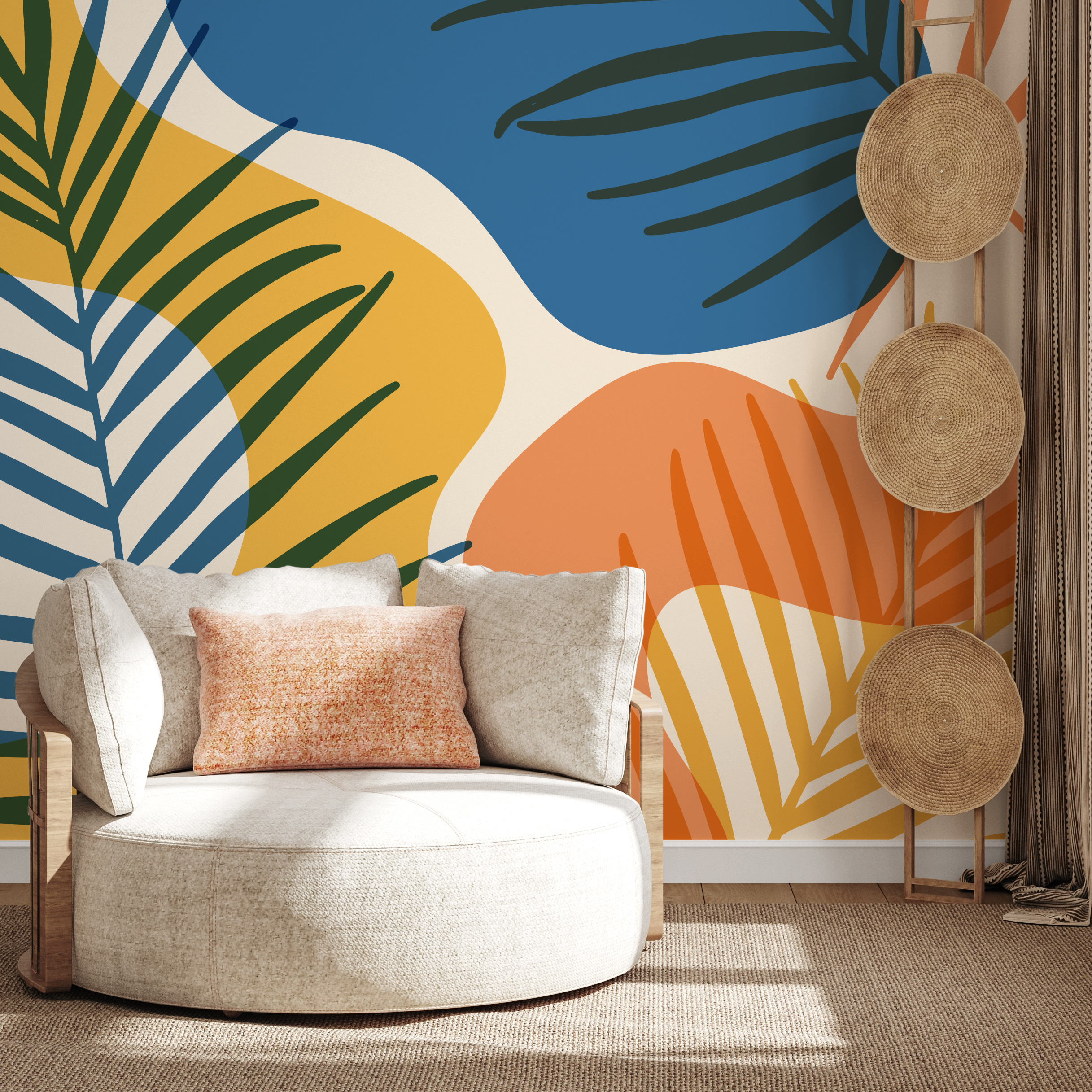 Tropical Wallpaper With Abstract Botanical Shapes In Blue, Yellow, And Orange - B959