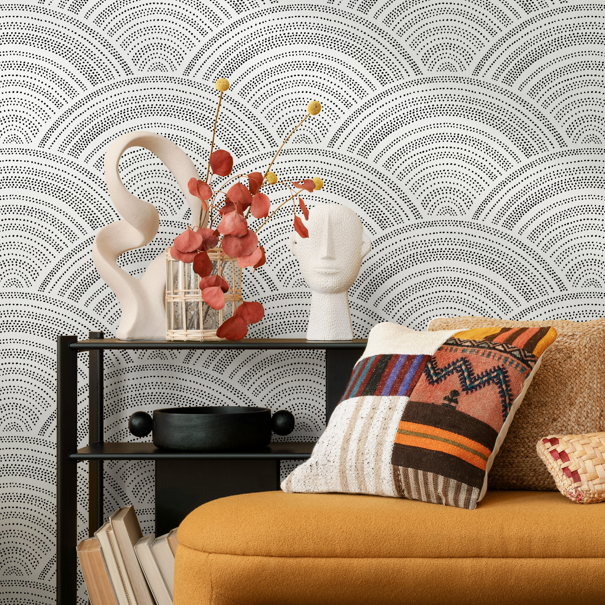 Geometric Wallpaper With Dotted Arches In Black And Grey - B960