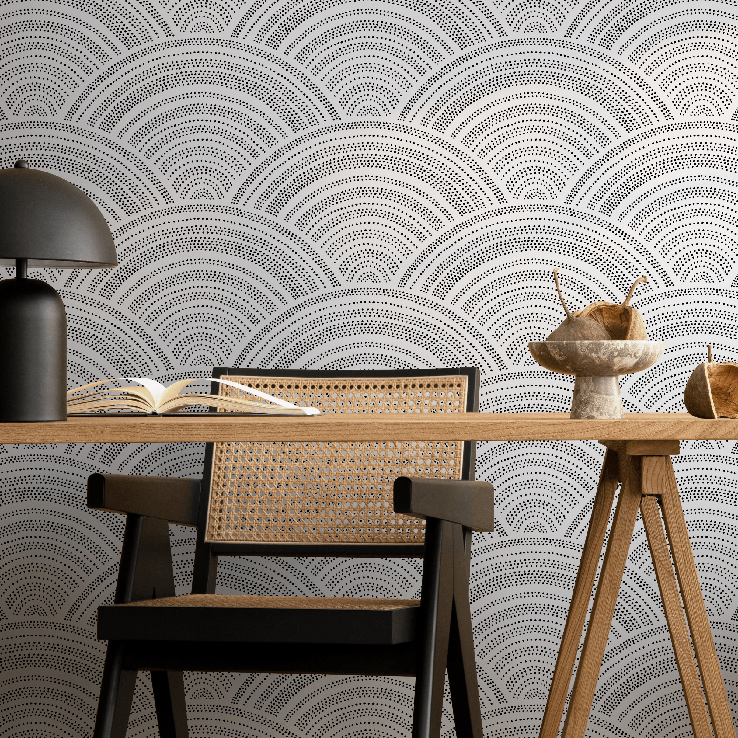 Geometric Wallpaper With Dotted Arches In Black And Grey - B960