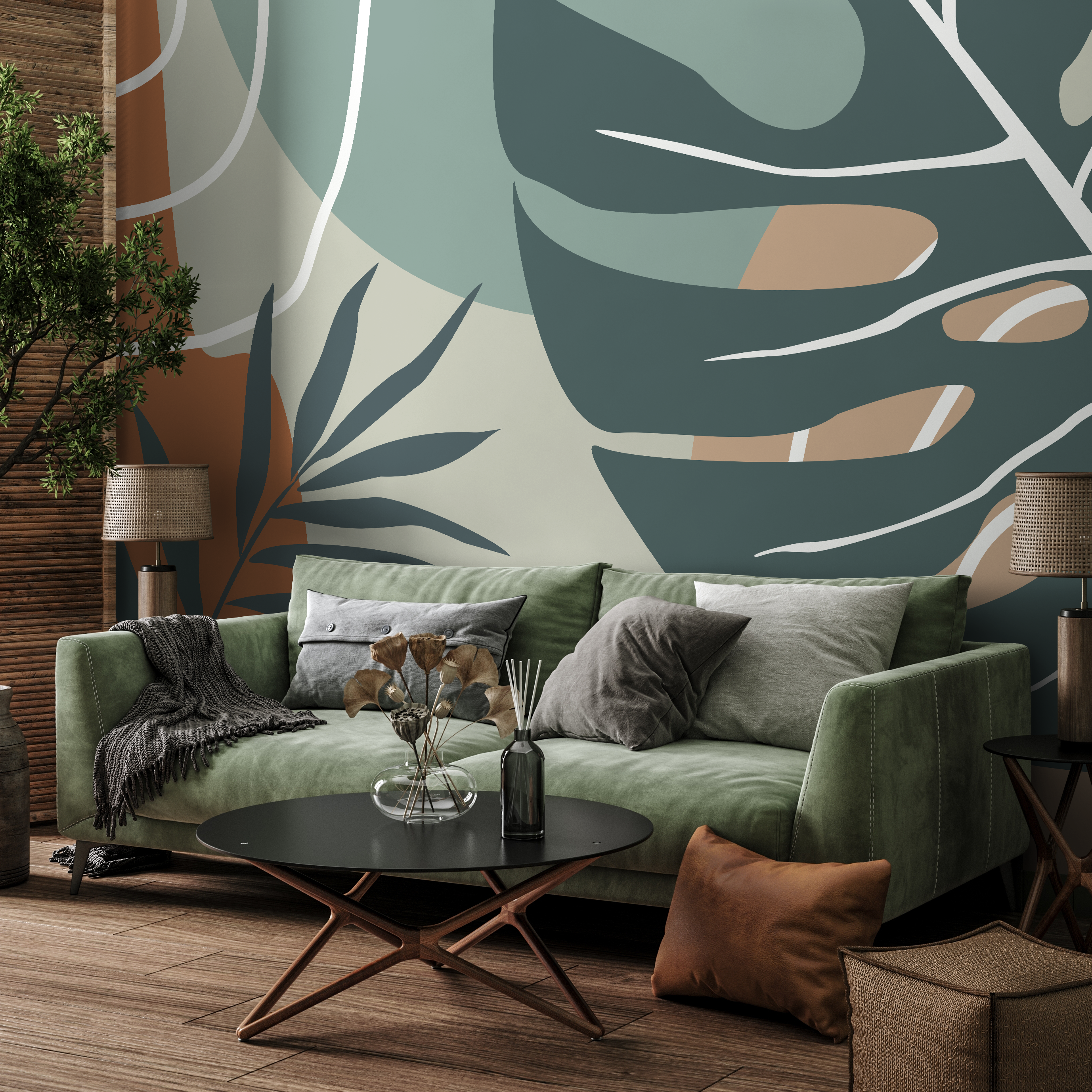 Tropical Abstract Wallpaper With Leaf Silhouettes In Terracotta And Teal - B961