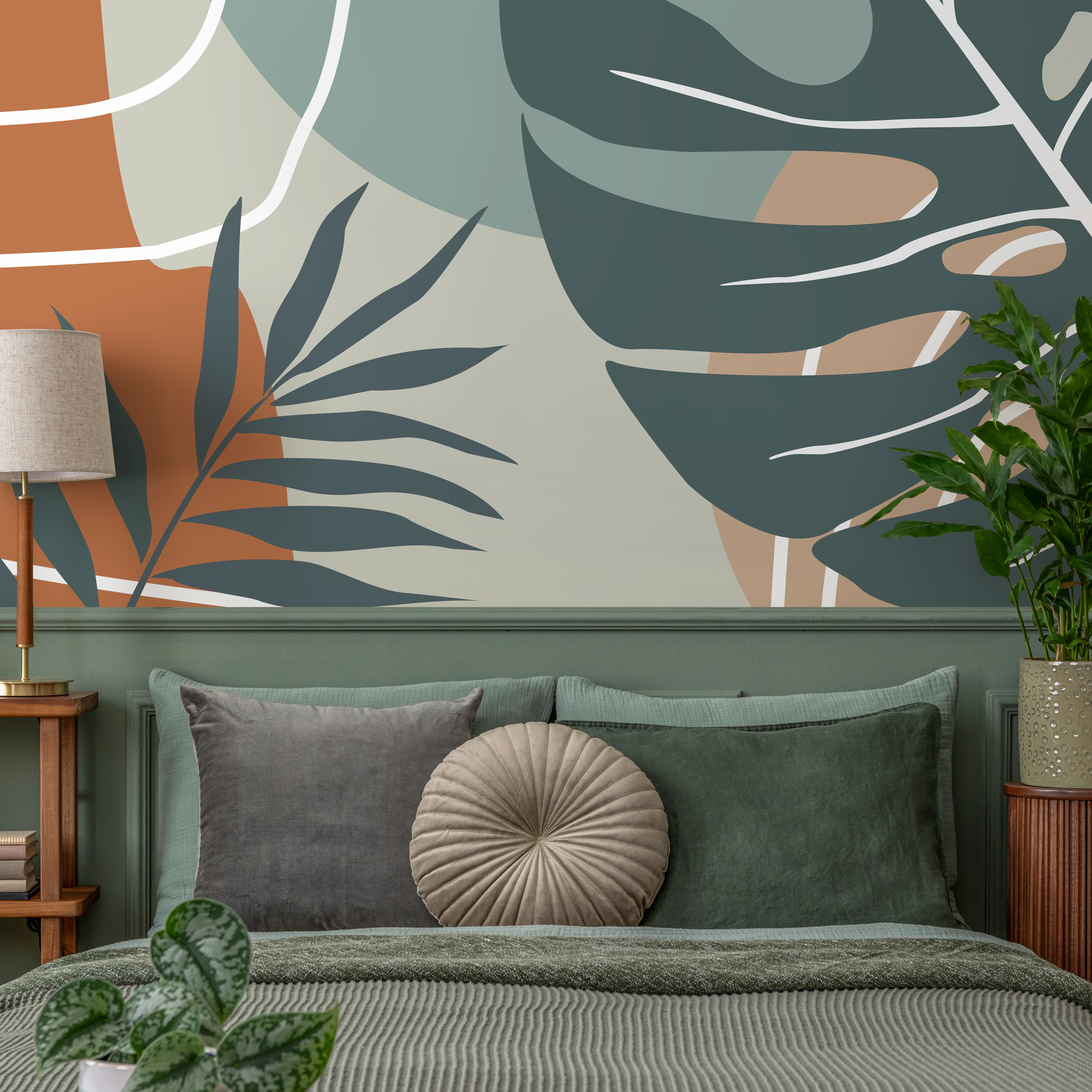 Tropical Abstract Wallpaper With Leaf Silhouettes In Terracotta And Teal - B961