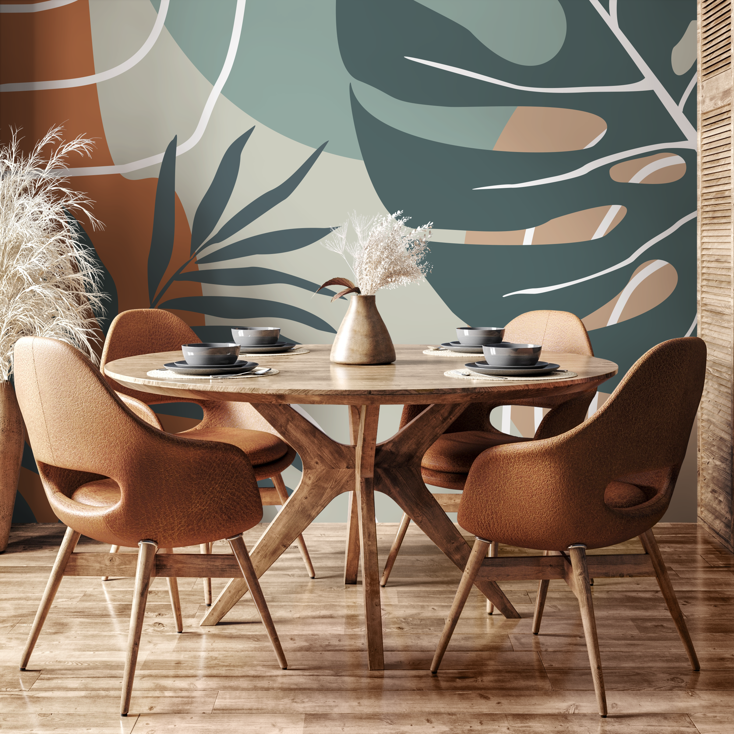 Tropical Abstract Wallpaper With Leaf Silhouettes In Terracotta And Teal - B961