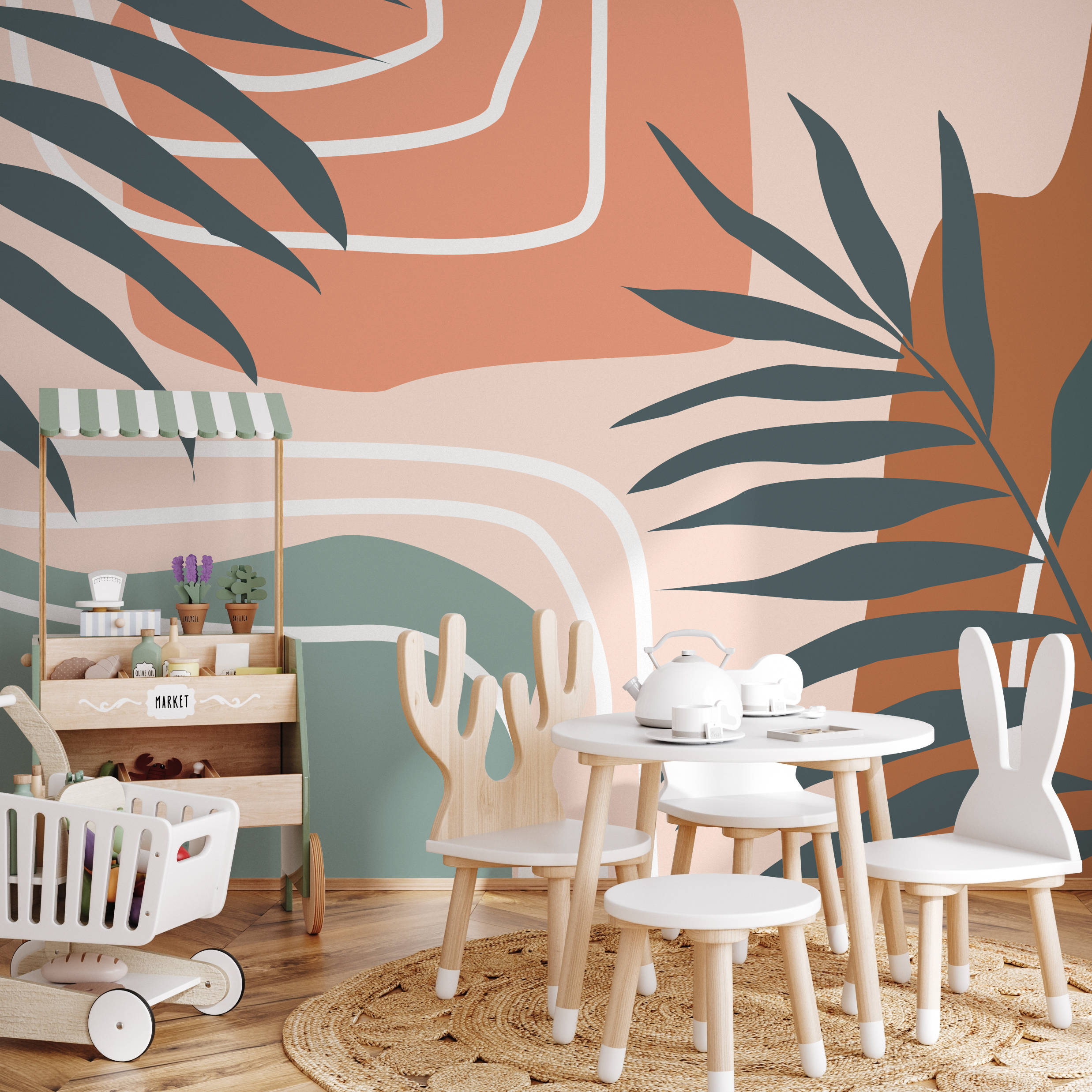 Abstract Wallpaper With A Palm Leaf In Terracotta, Sage, And Charcoal - B962