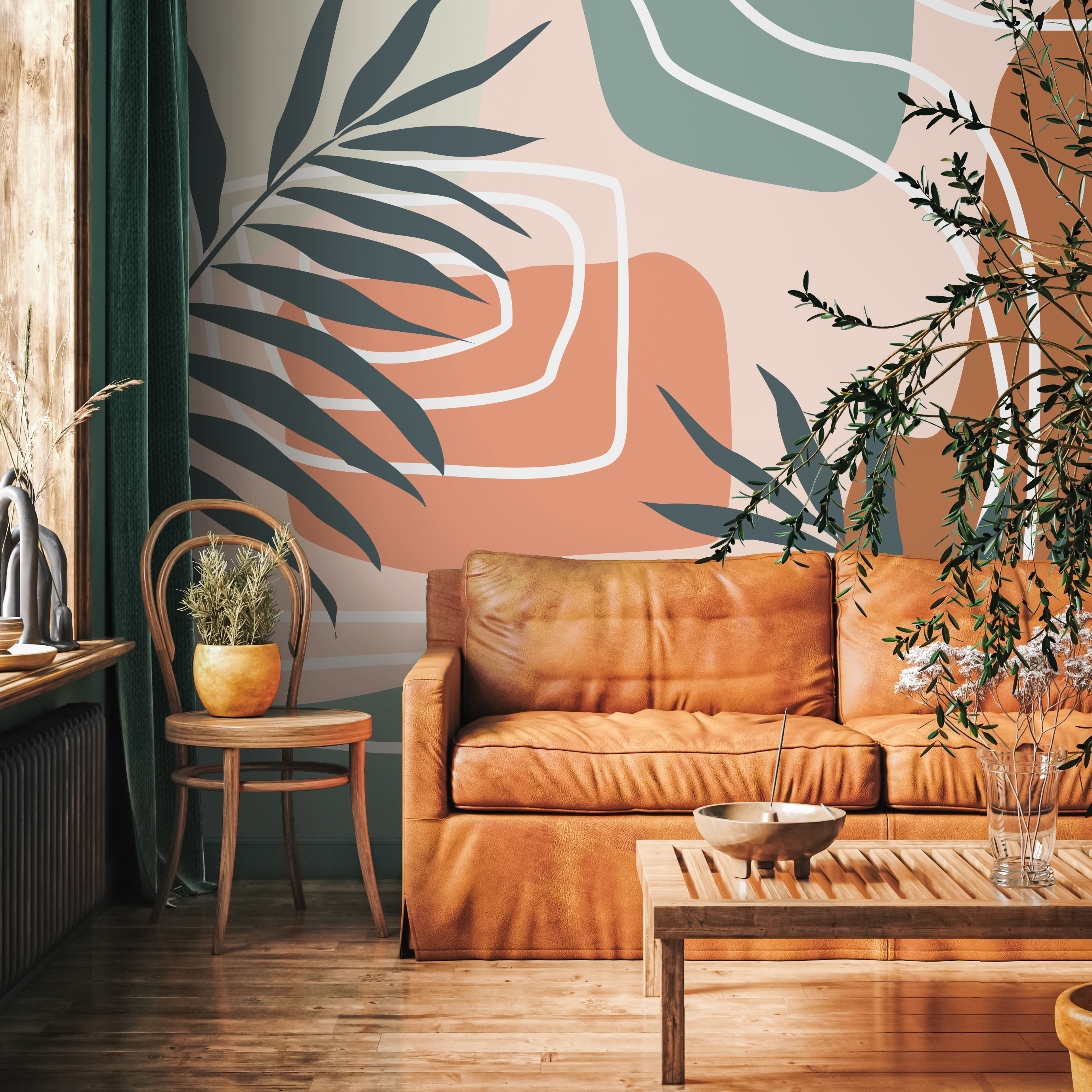 Abstract Wallpaper With A Palm Leaf In Terracotta, Sage, And Charcoal - B962