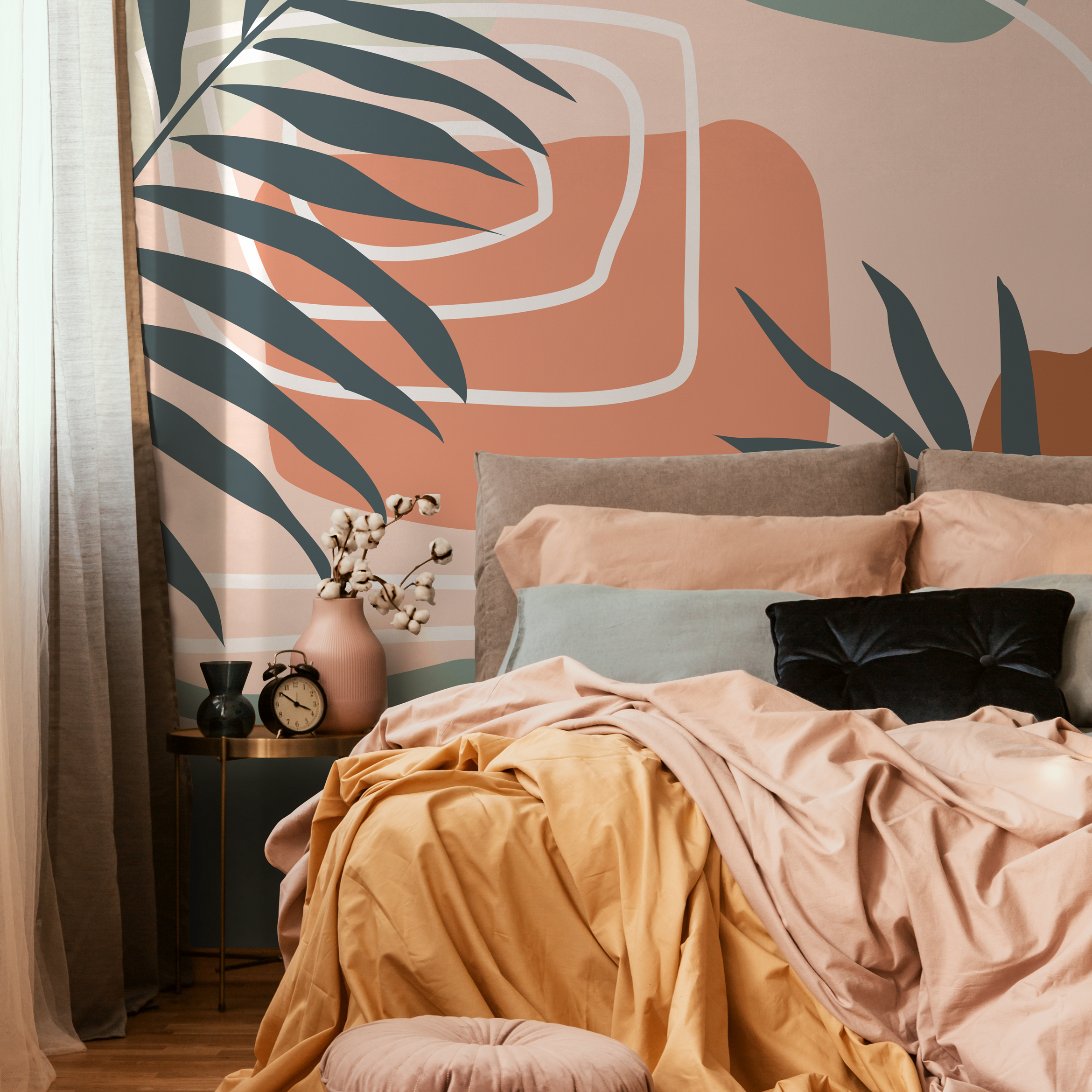 Abstract Wallpaper With A Palm Leaf In Terracotta, Sage, And Charcoal - B962