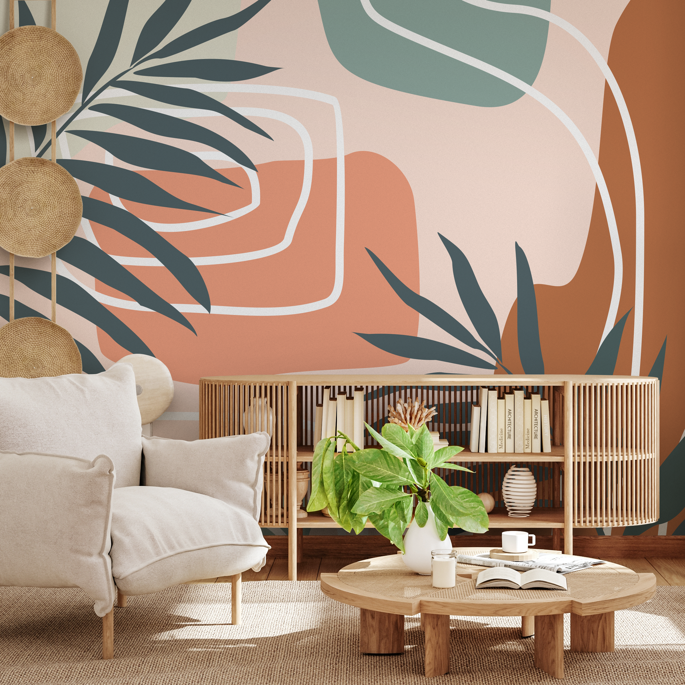 Abstract Wallpaper With A Palm Leaf In Terracotta, Sage, And Charcoal - B962