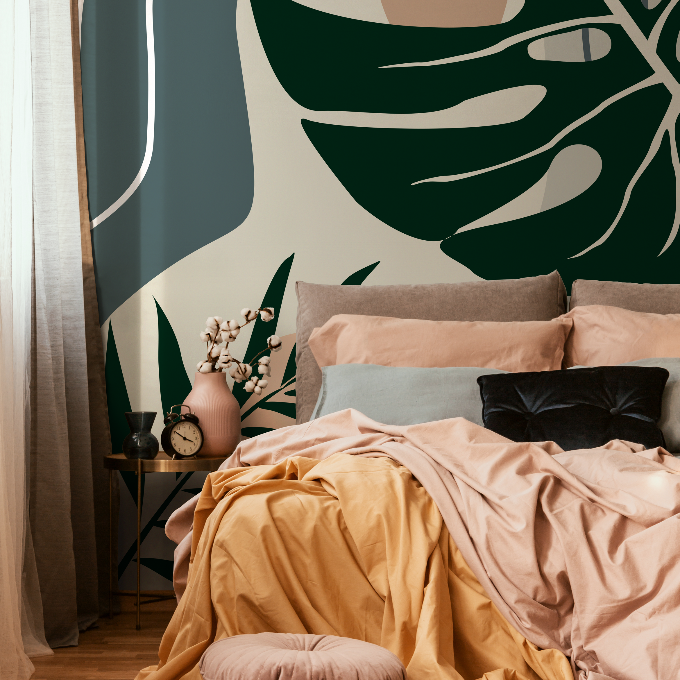 Botanical Wallpaper With Abstract Monstera Leaves In Green, Blue, And Tan - B963