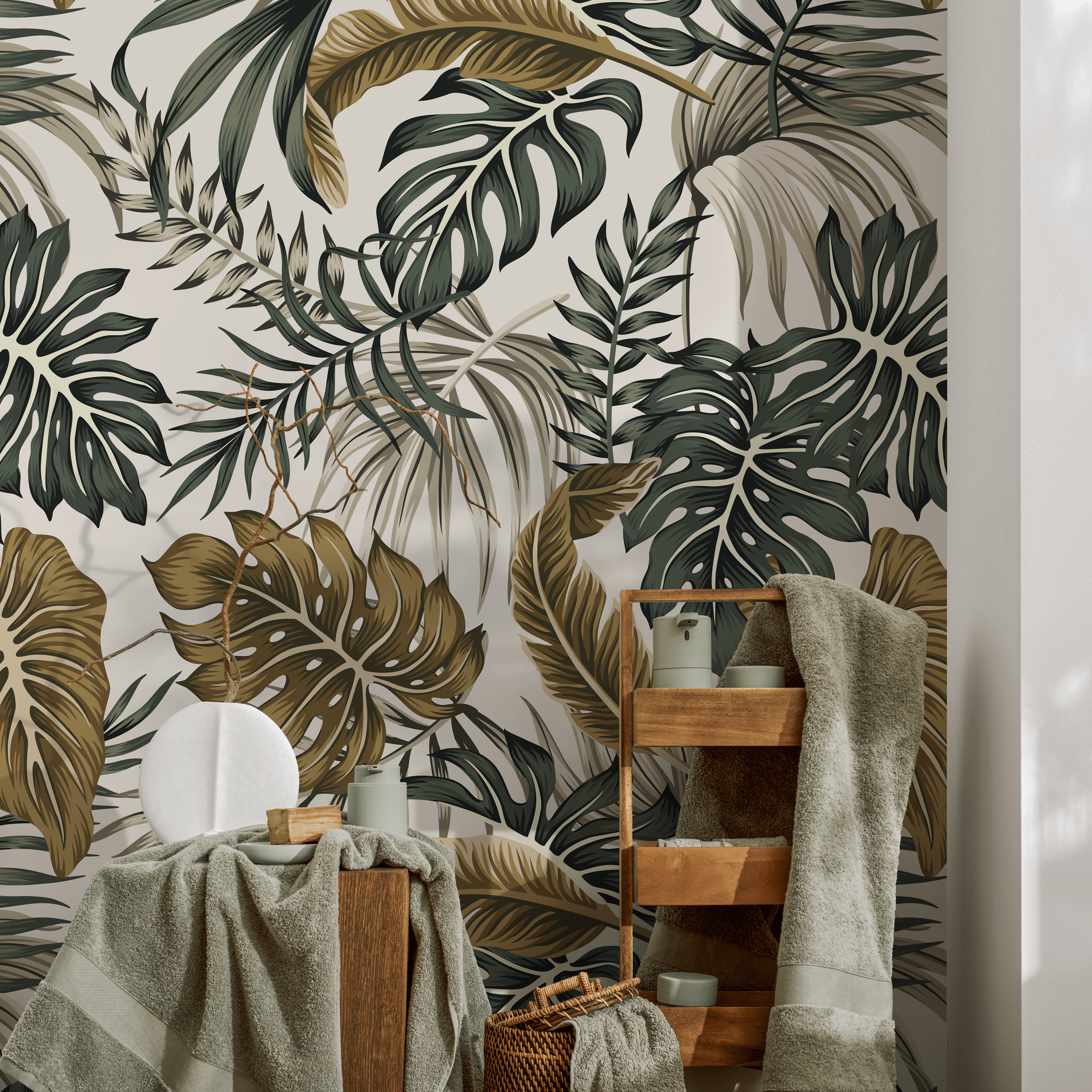 Tropical Wallpaper With Monstera And Palm Leaves In Green And Gold - B964