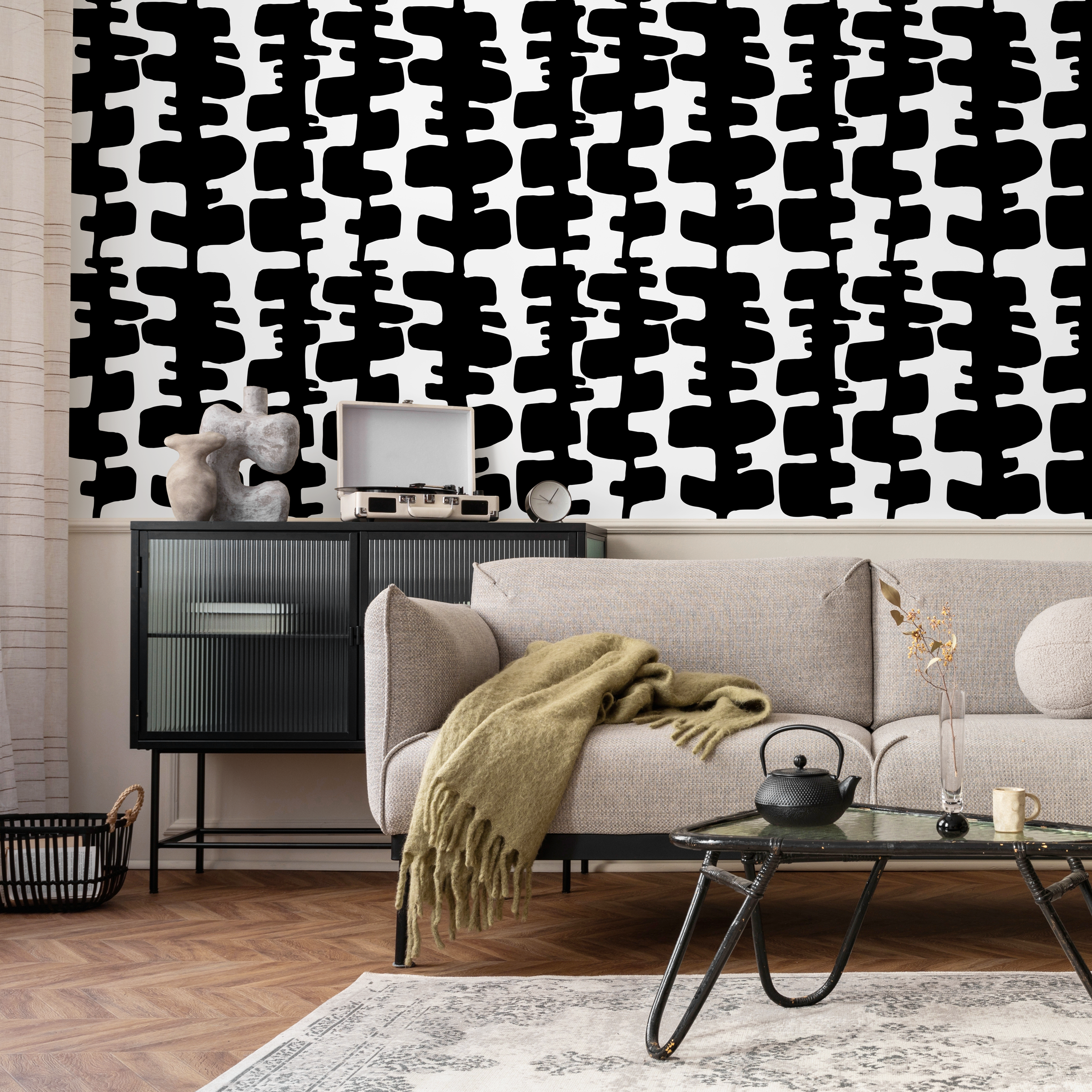 Abstract Wallpaper With Interlocking Organic Shapes In Black And White - B967