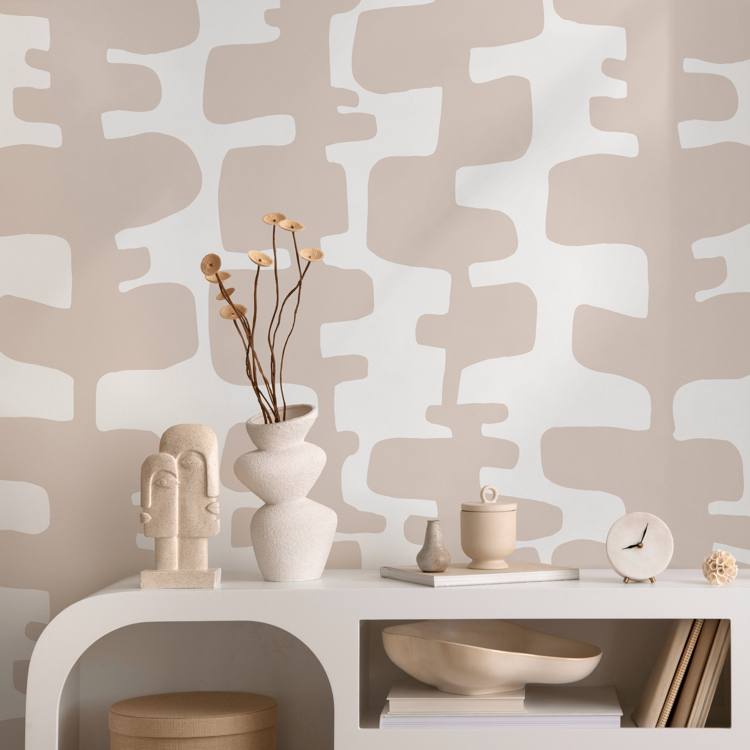 Abstract Wallpaper With Organic Block Shapes In Beige And Off-white - B968
