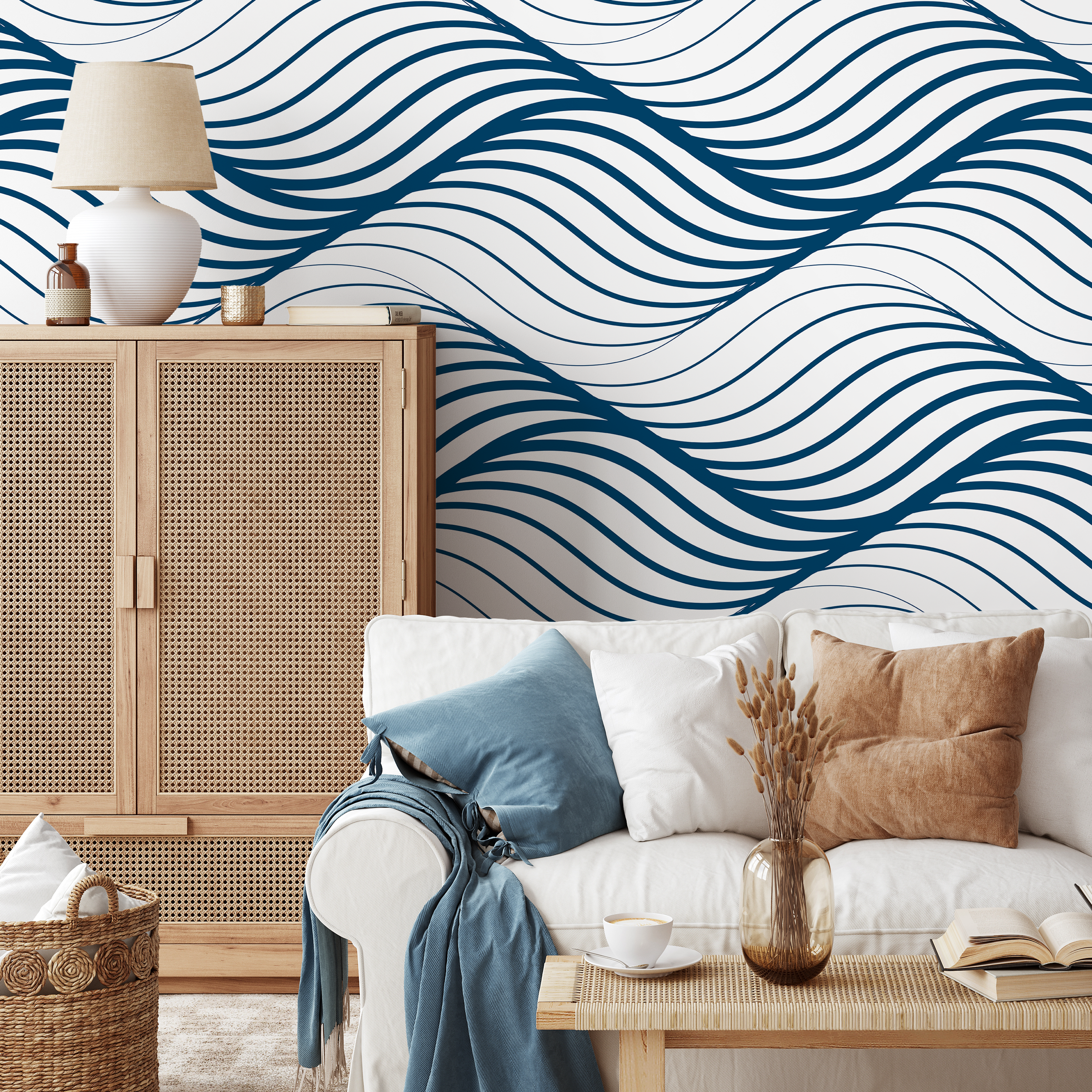 Modern Wave Wallpaper With A Flowing Lines Motif In Blue - B970