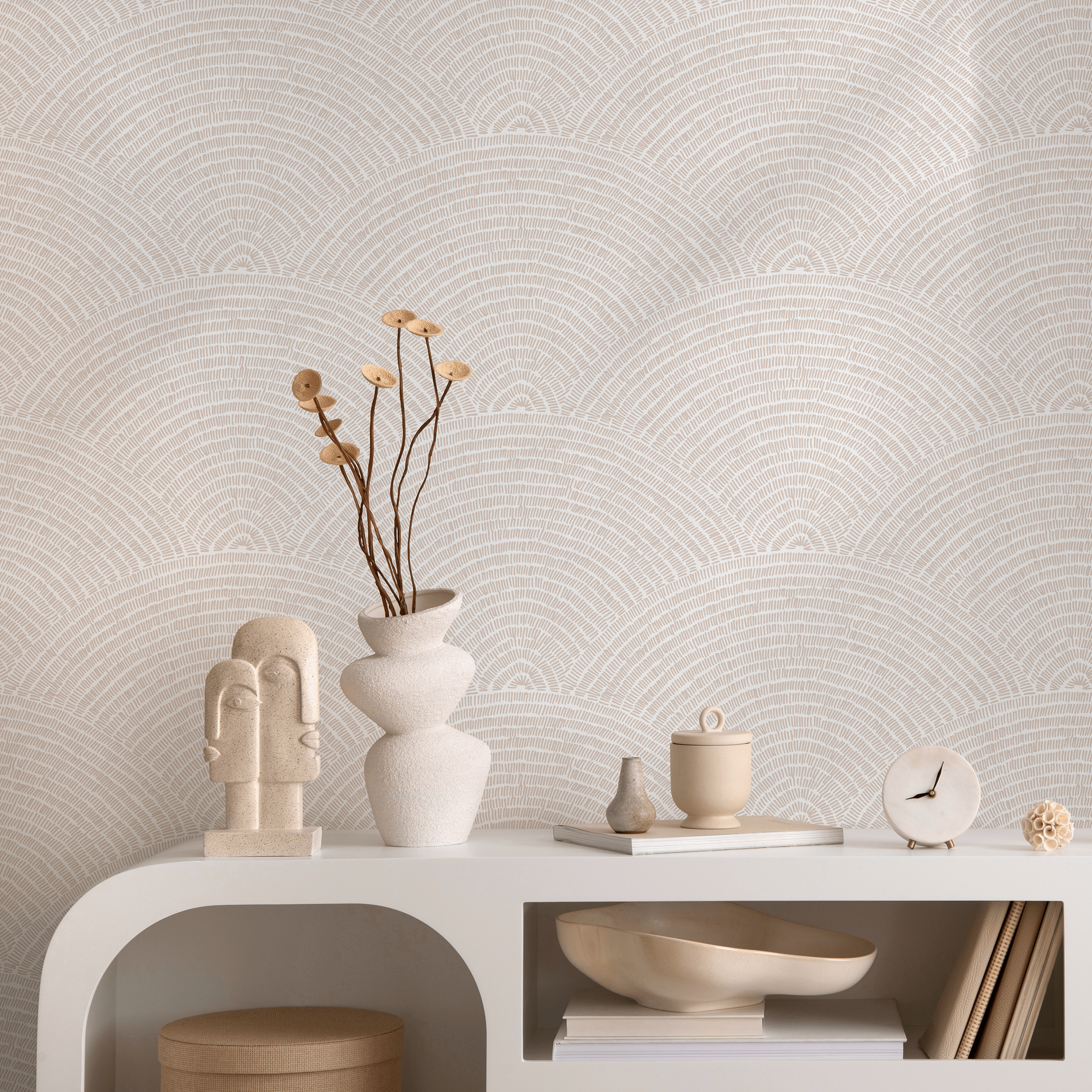 Geometric Wallpaper With A Scalloped Arch Motif In Beige And White - B971