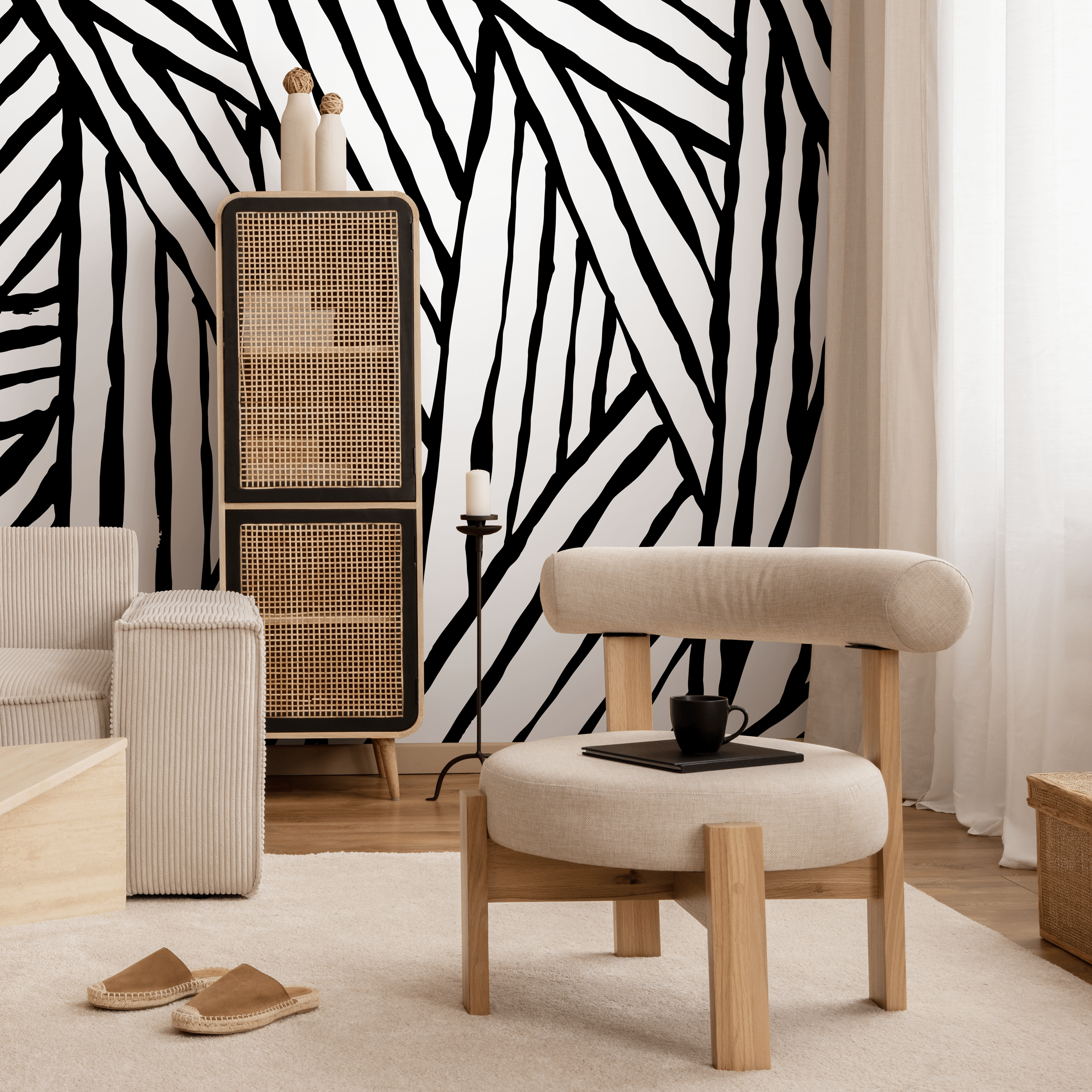 Abstract Wallpaper With Bold Brushstroke Stripes In Black And Beige - B972