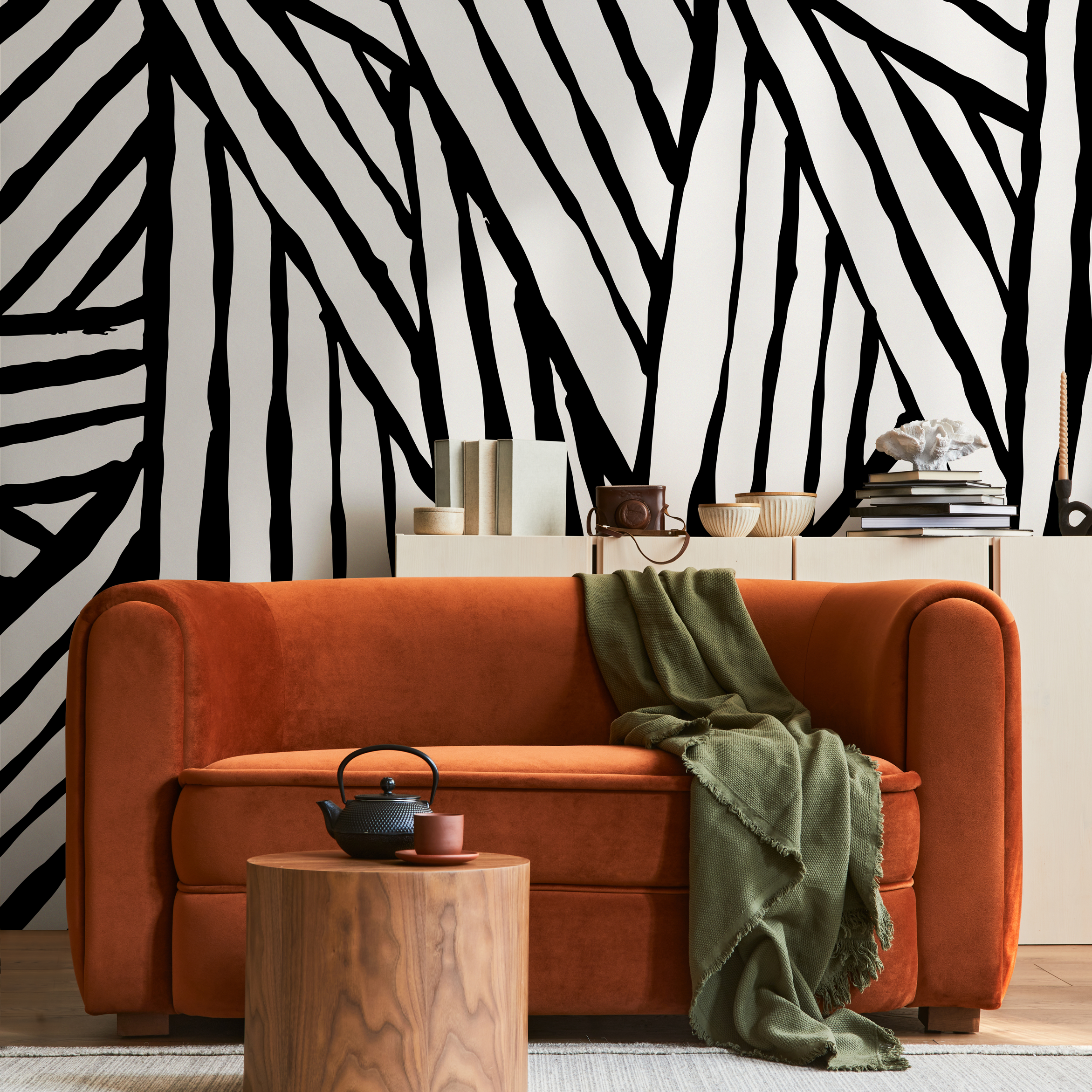 Abstract Wallpaper With Bold Brushstroke Stripes In Black And Beige - B972