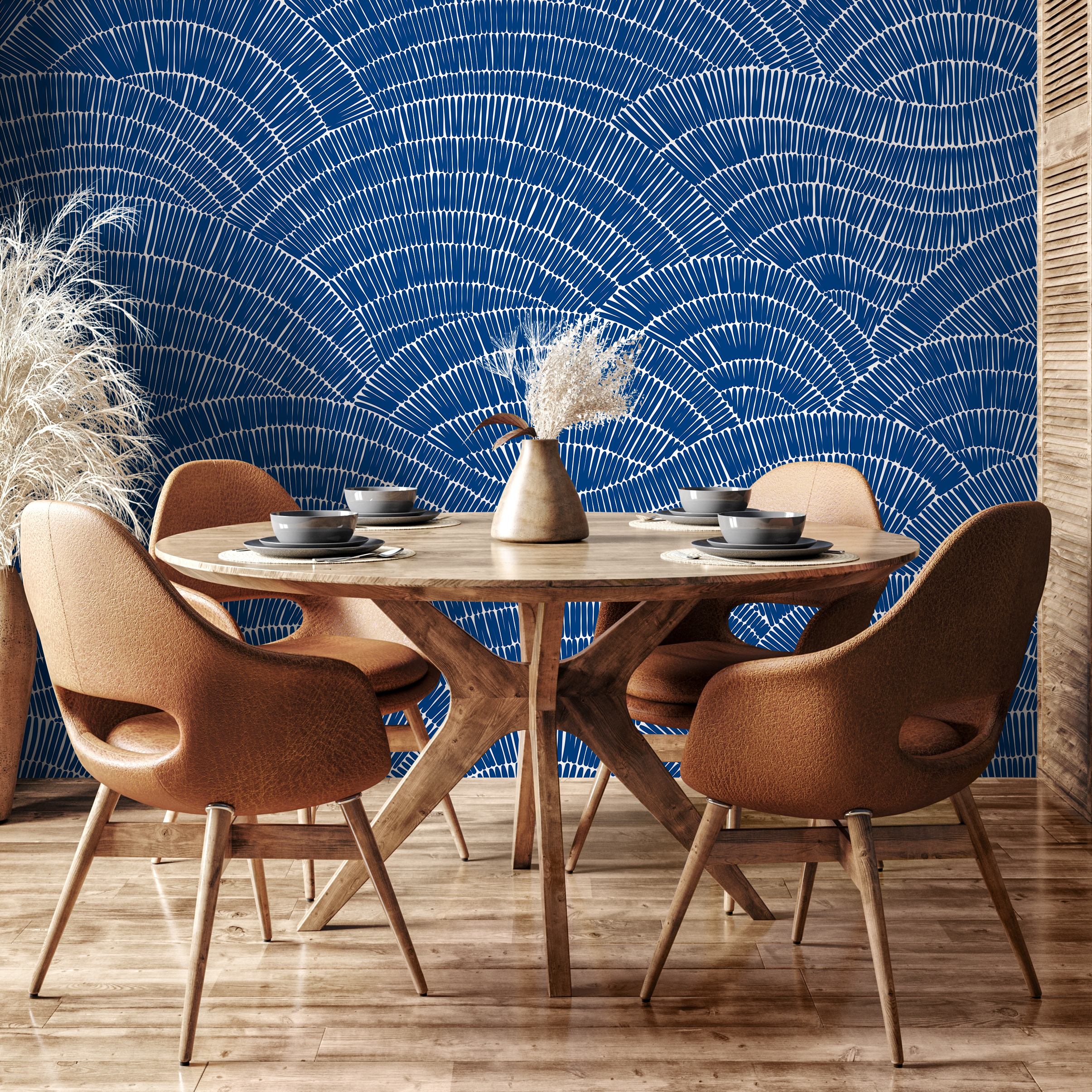 Geometric Wallpaper With An Overlapping Fan Motif In Blue And White - B973