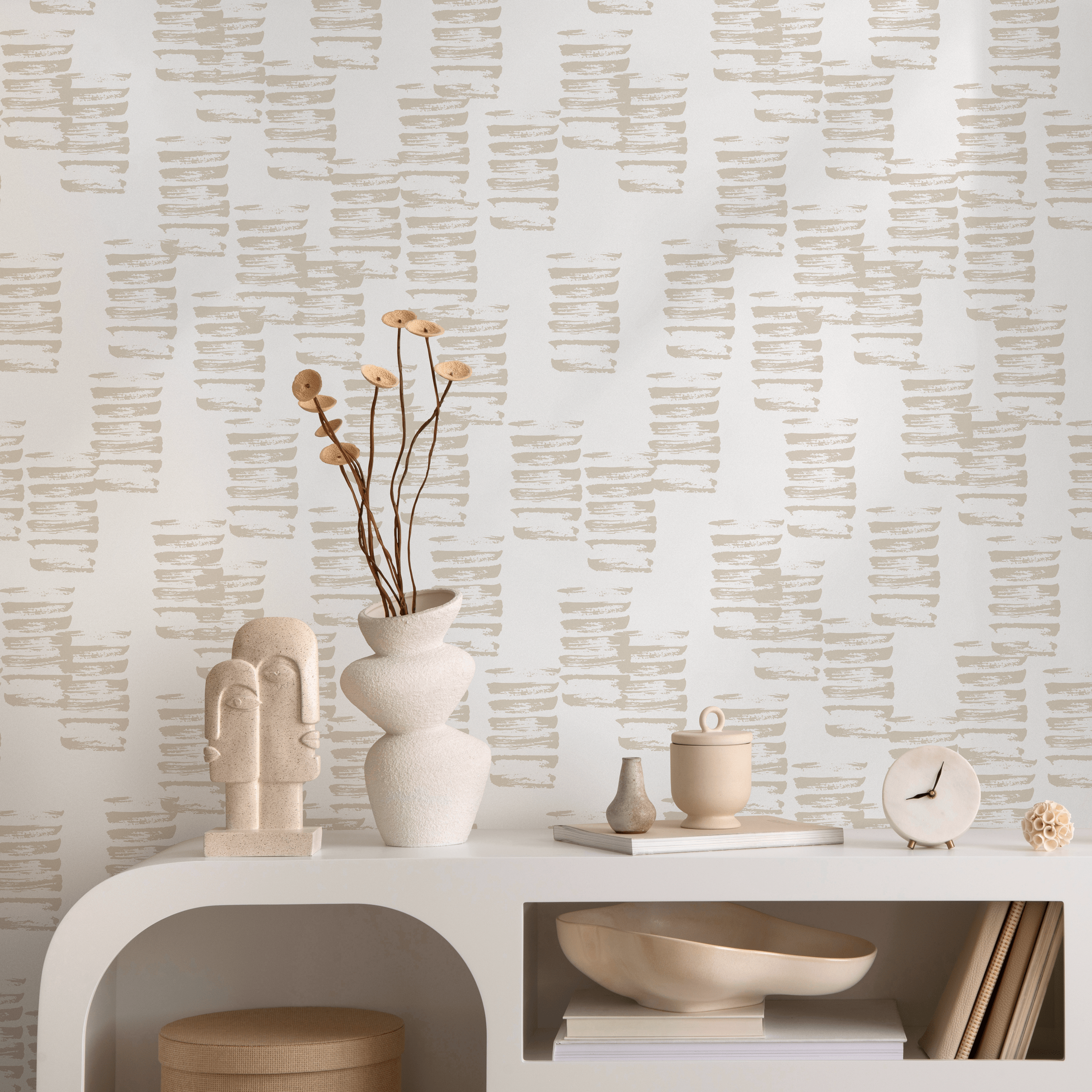 Abstract Wallpaper With Horizontal Brushstrokes In Beige - B974