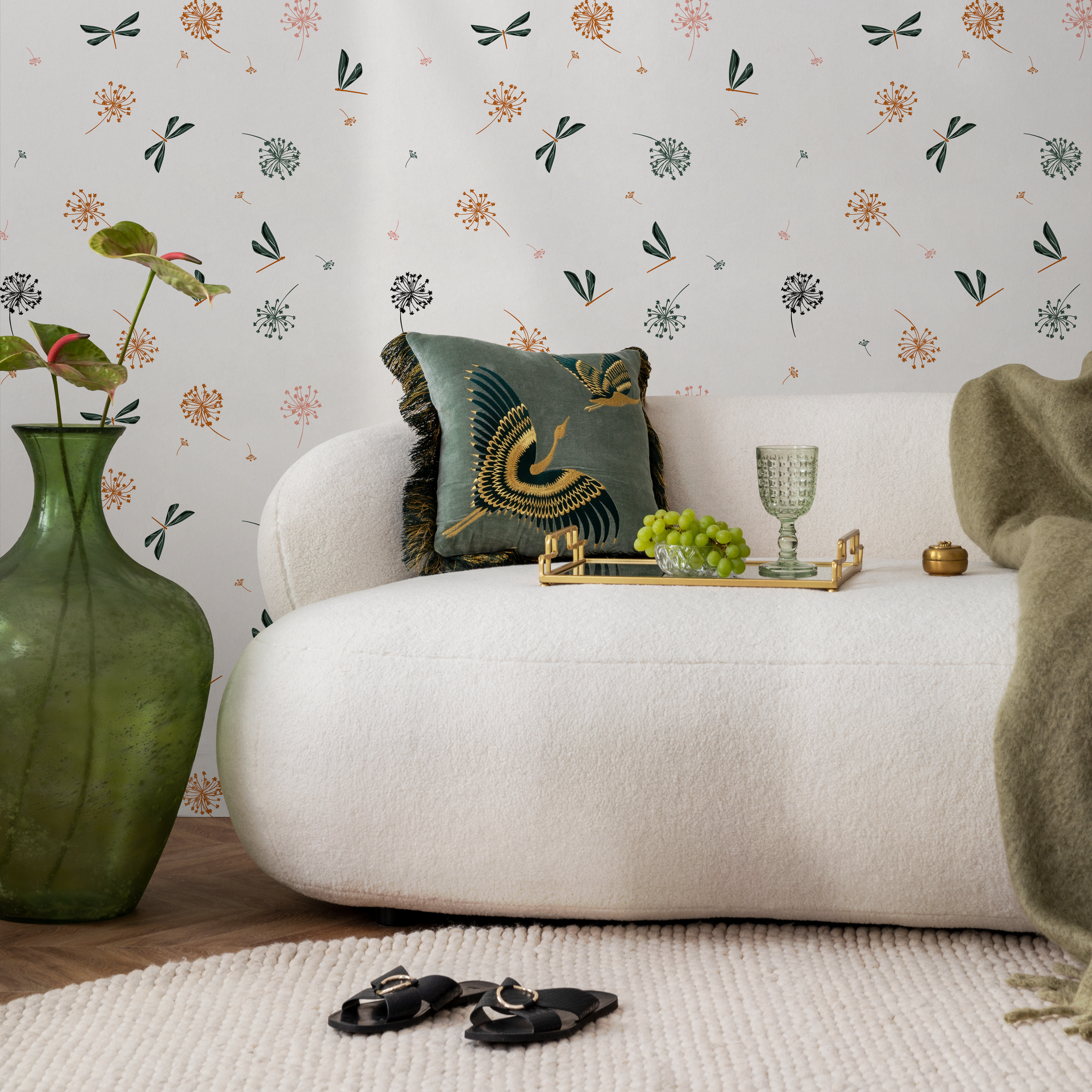 Botanical Wallpaper With Dandelions And Dragonflies In Green, Orange, And Pink - B975